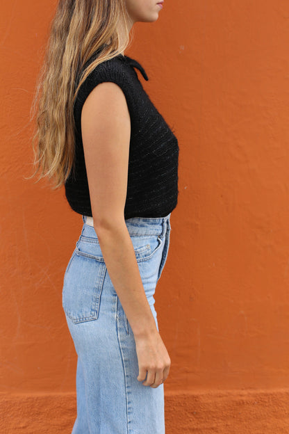Vintage Glitter Knit Top - Subtle Green — back view