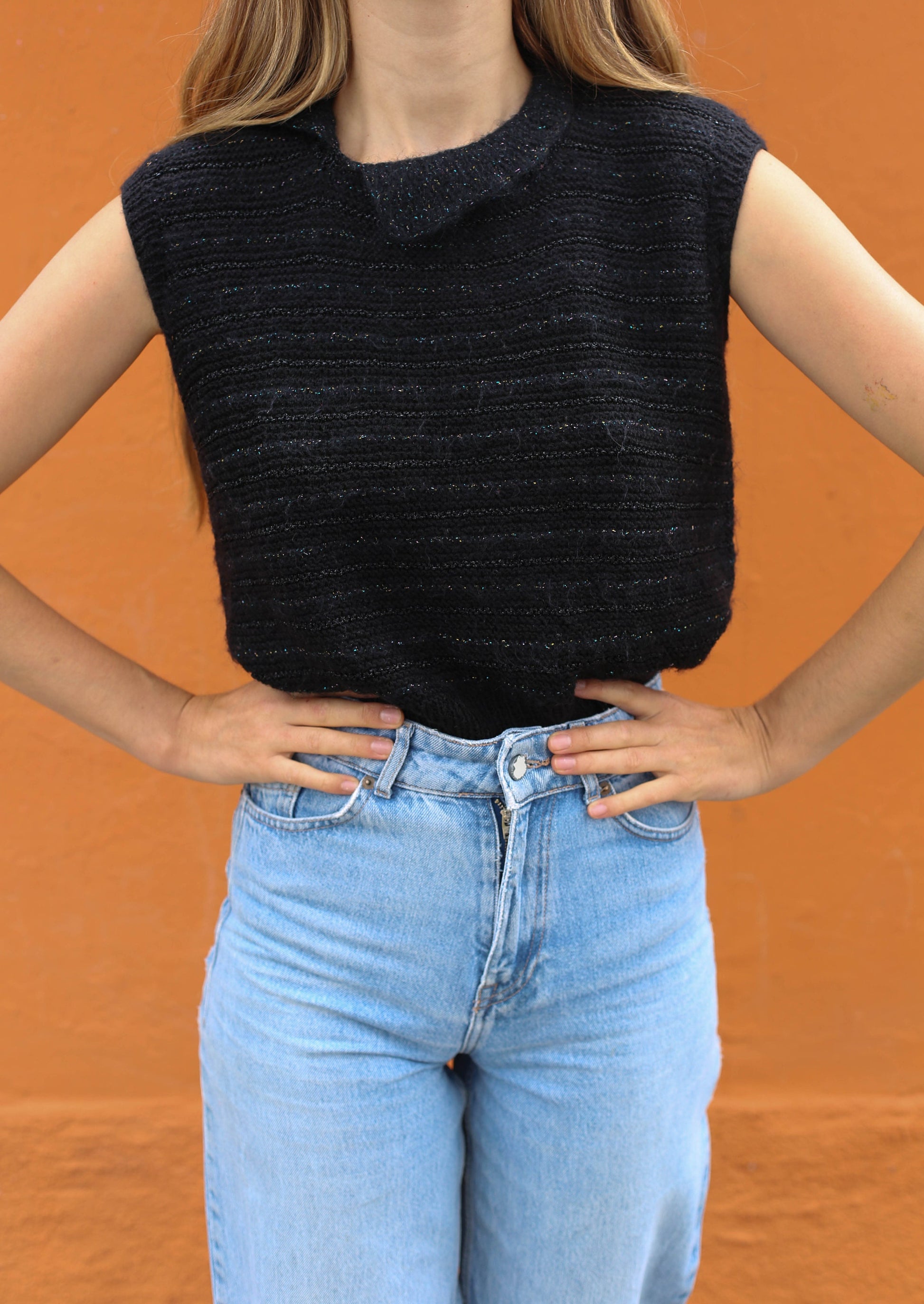 Vintage Sparkle Knit Top - Subtle Green Glitter, Sleeveless Stylish Vest