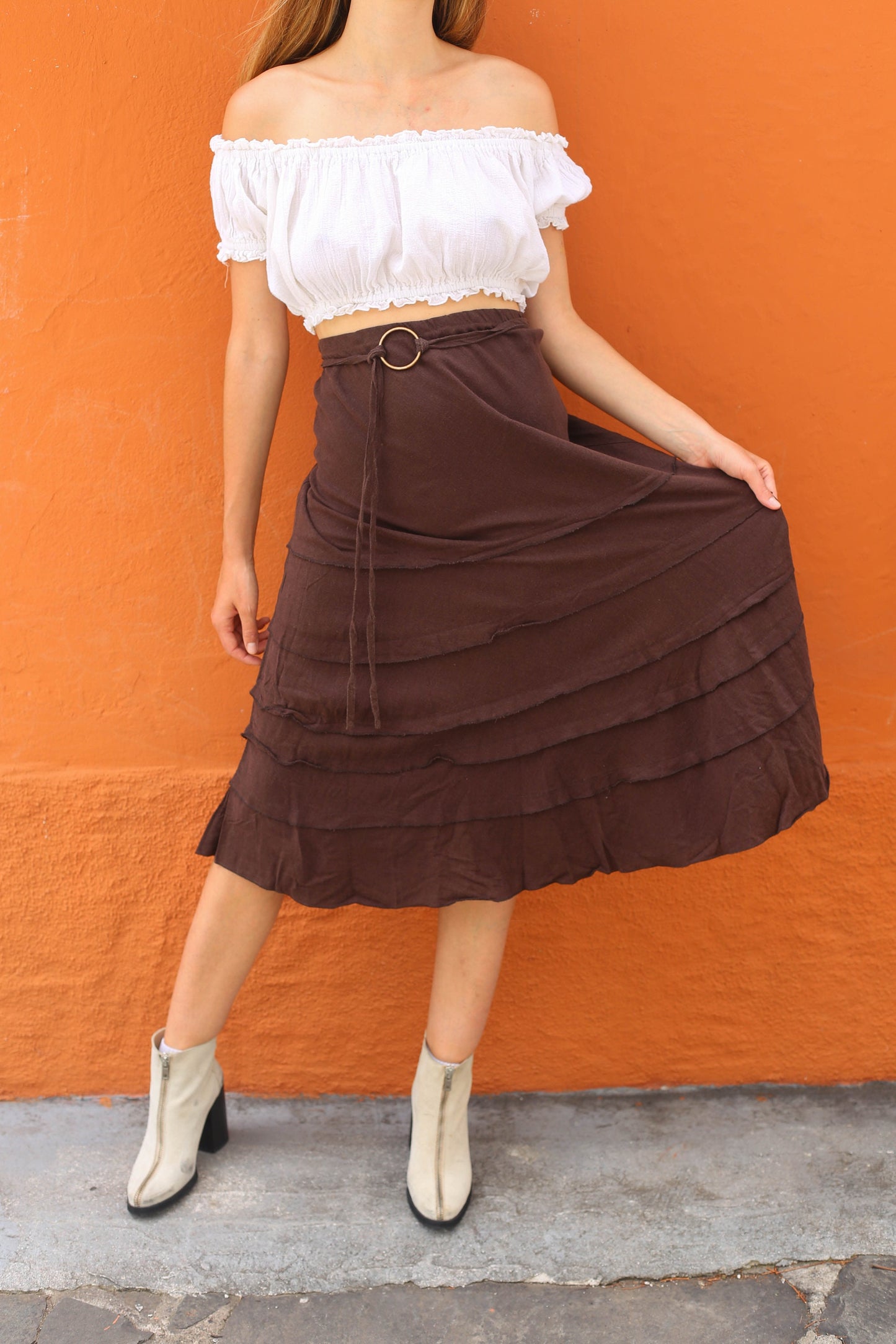 Vintage Brown Boho Linen-Blend Long Skirt — fabric close-up