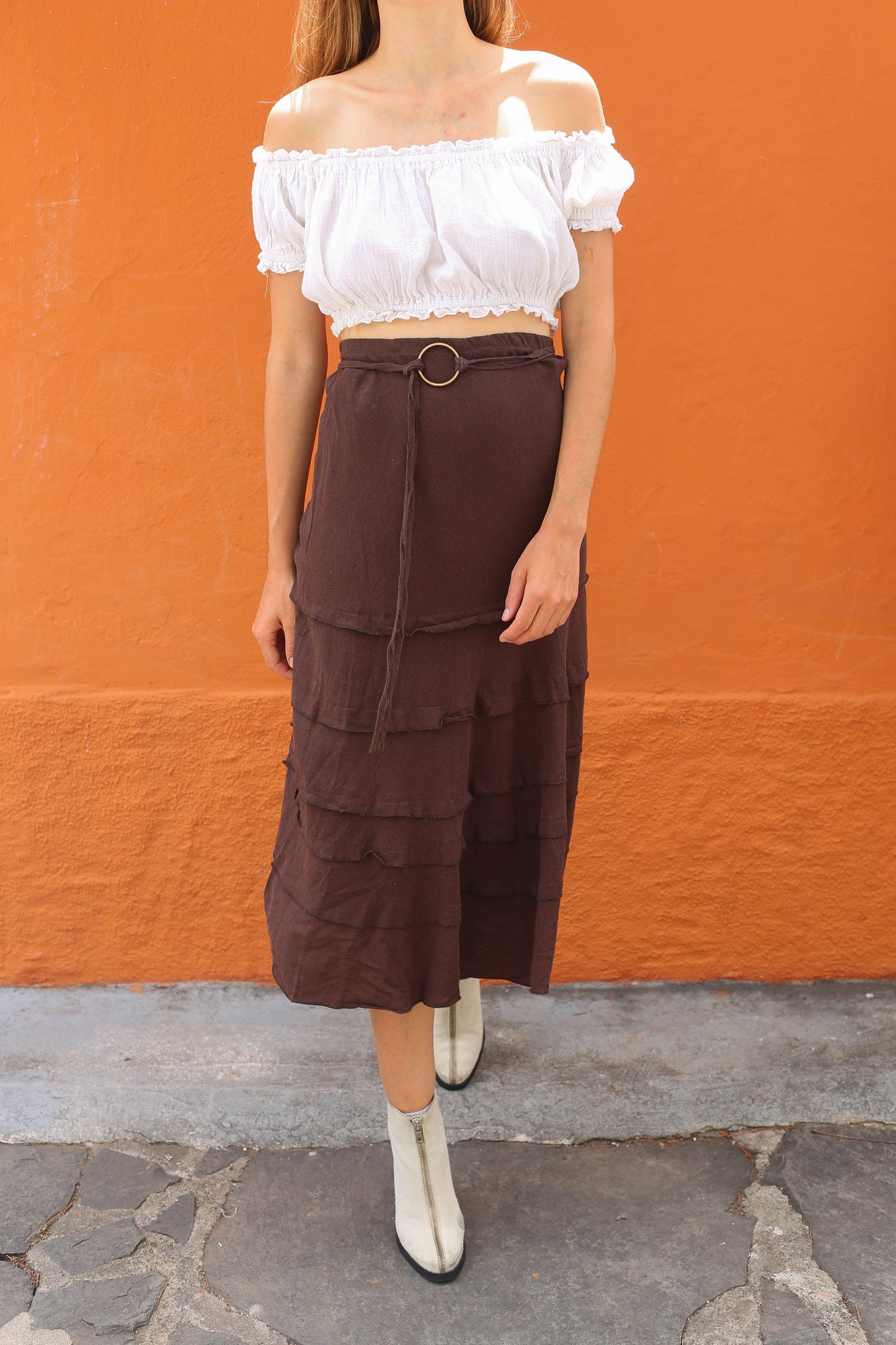Vintage Brown Boho Linen-Blend Long Skirt — back view