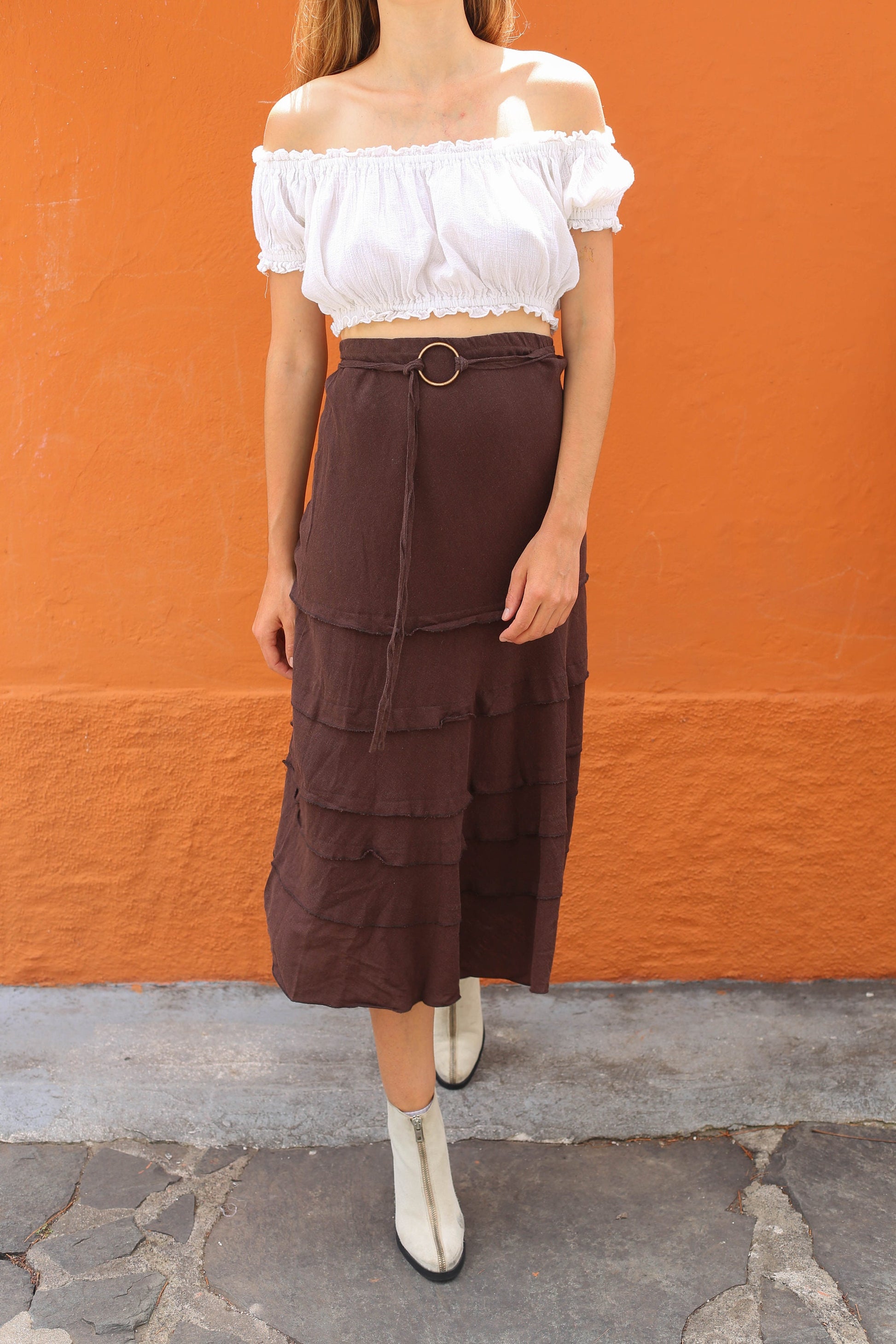 Vintage Brown Boho Linen-Blend Long Skirt — back view
