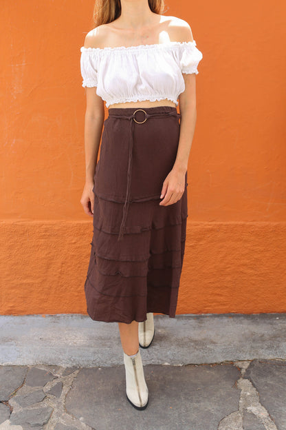 Vintage Brown Boho Linen-Blend Long Skirt — back view