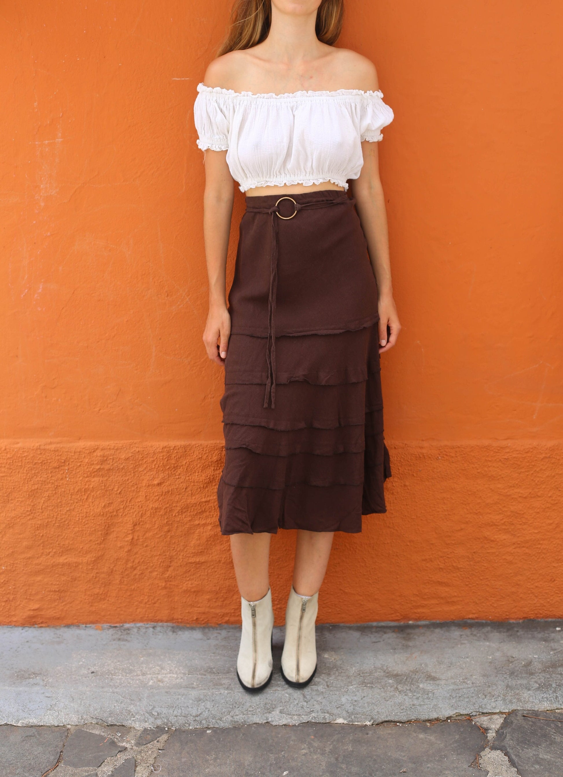 Vintage Brown Boho Linen-Blend Long Skirt — detail