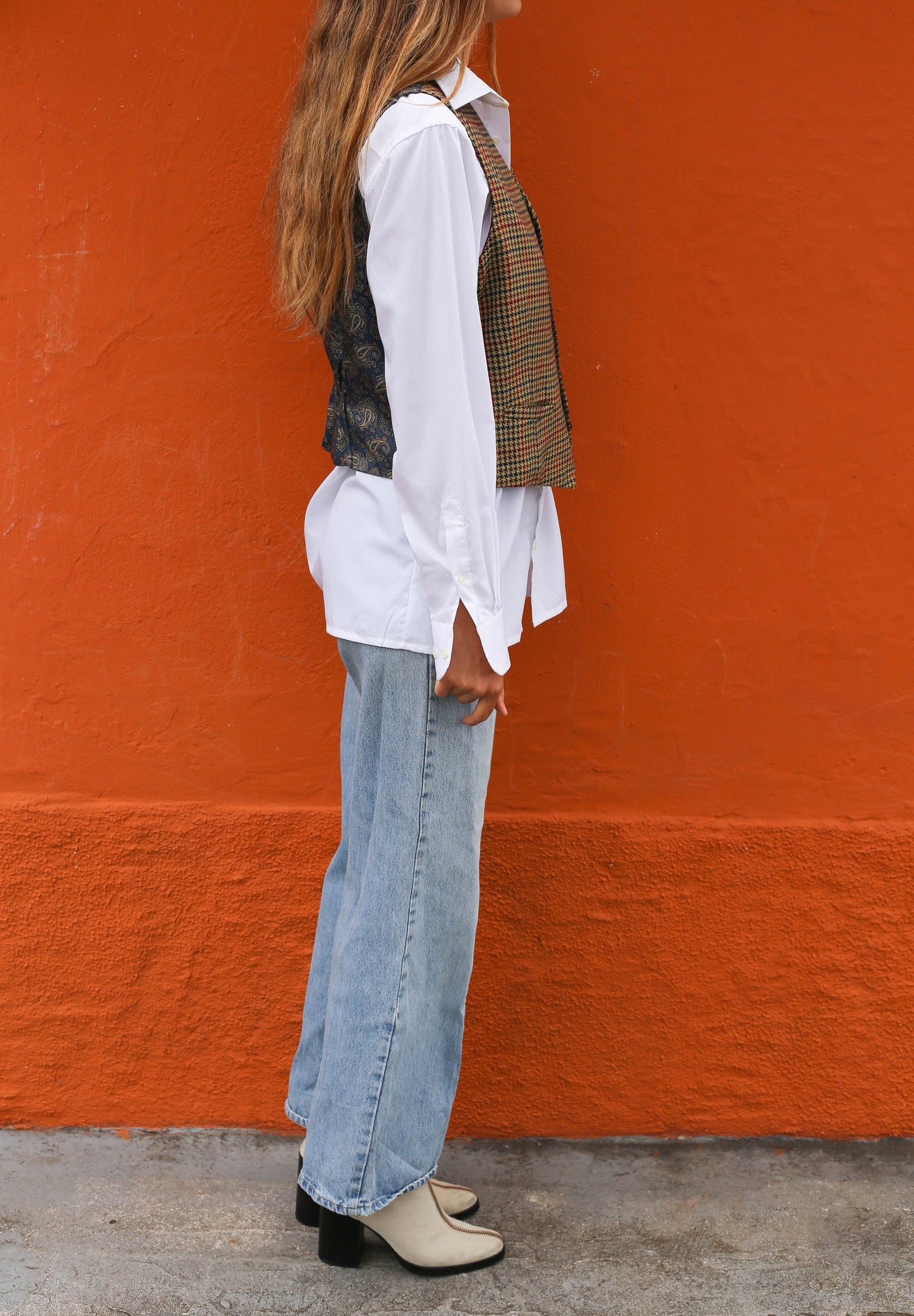 Vintage unisex oversized 80s dogtooth pattern shepherd's plaid blue brown wool vest, smart casual