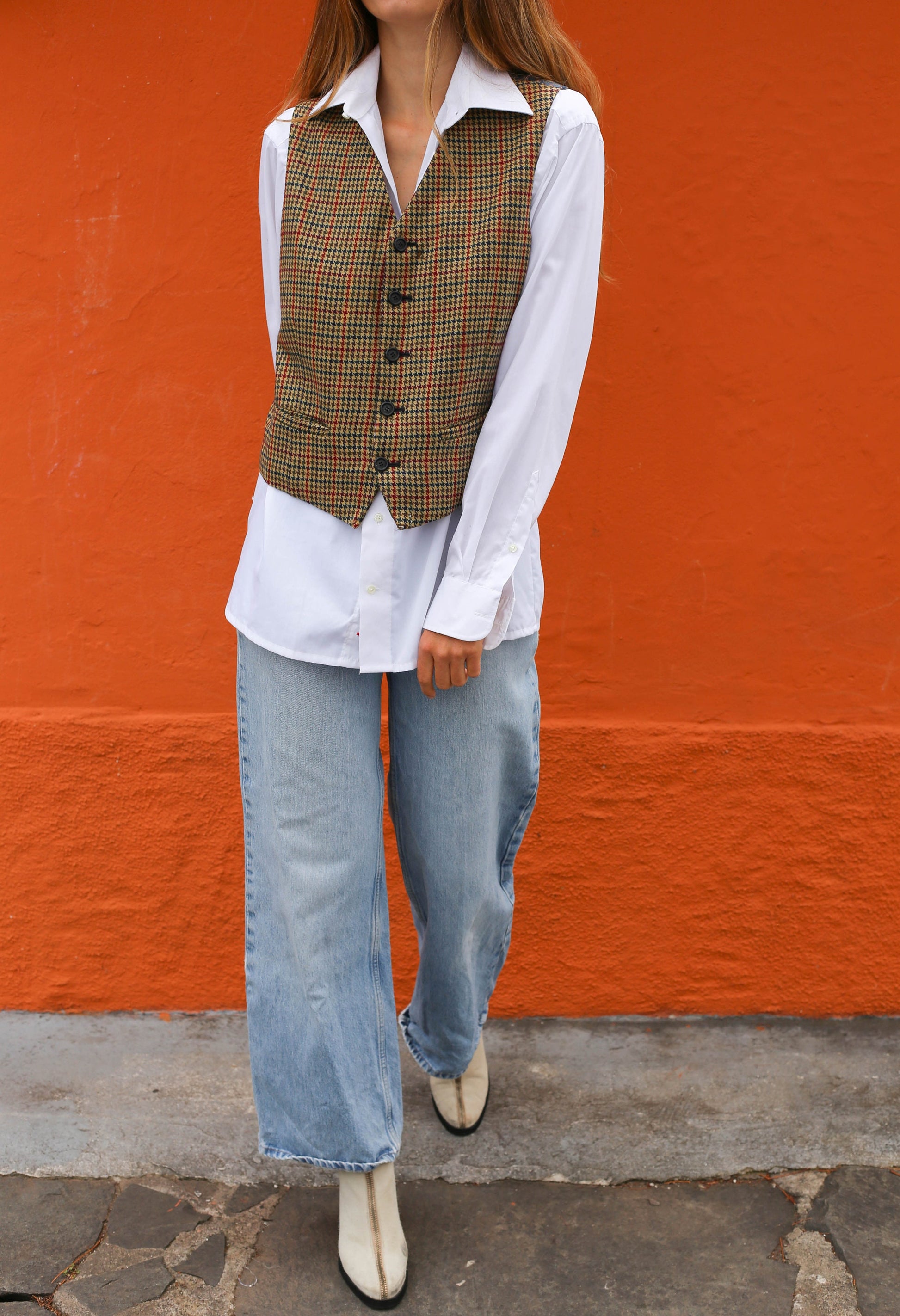 Vintage unisex oversized 80s dogtooth pattern shepherd's plaid blue brown wool vest, smart casual