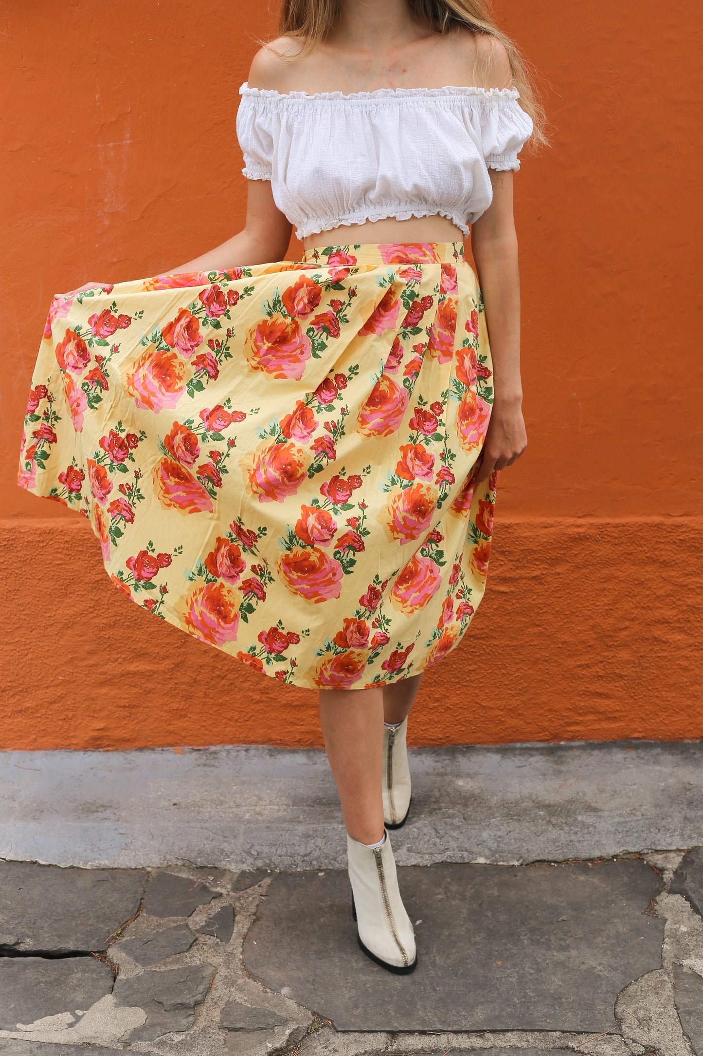 Retro yellow floral midi high waist skirt, Vintage Ungaro Ter Paris pleated wedding guest skirt, Summer picnic designer wear, Made in Italy