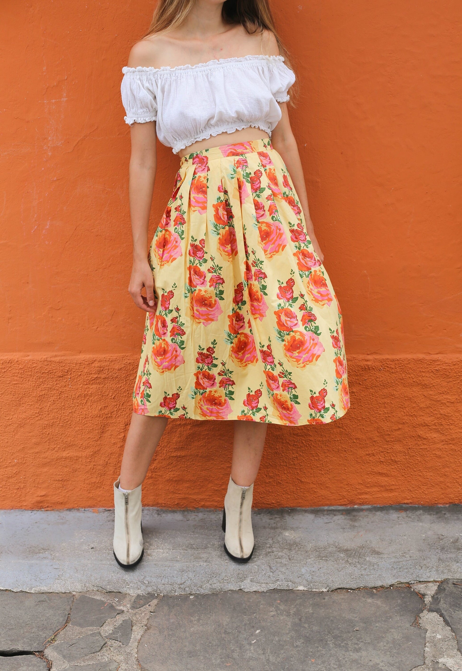 Retro yellow floral midi high waist skirt, Vintage Ungaro Ter Paris pleated wedding guest skirt, Summer picnic designer wear, Made in Italy
