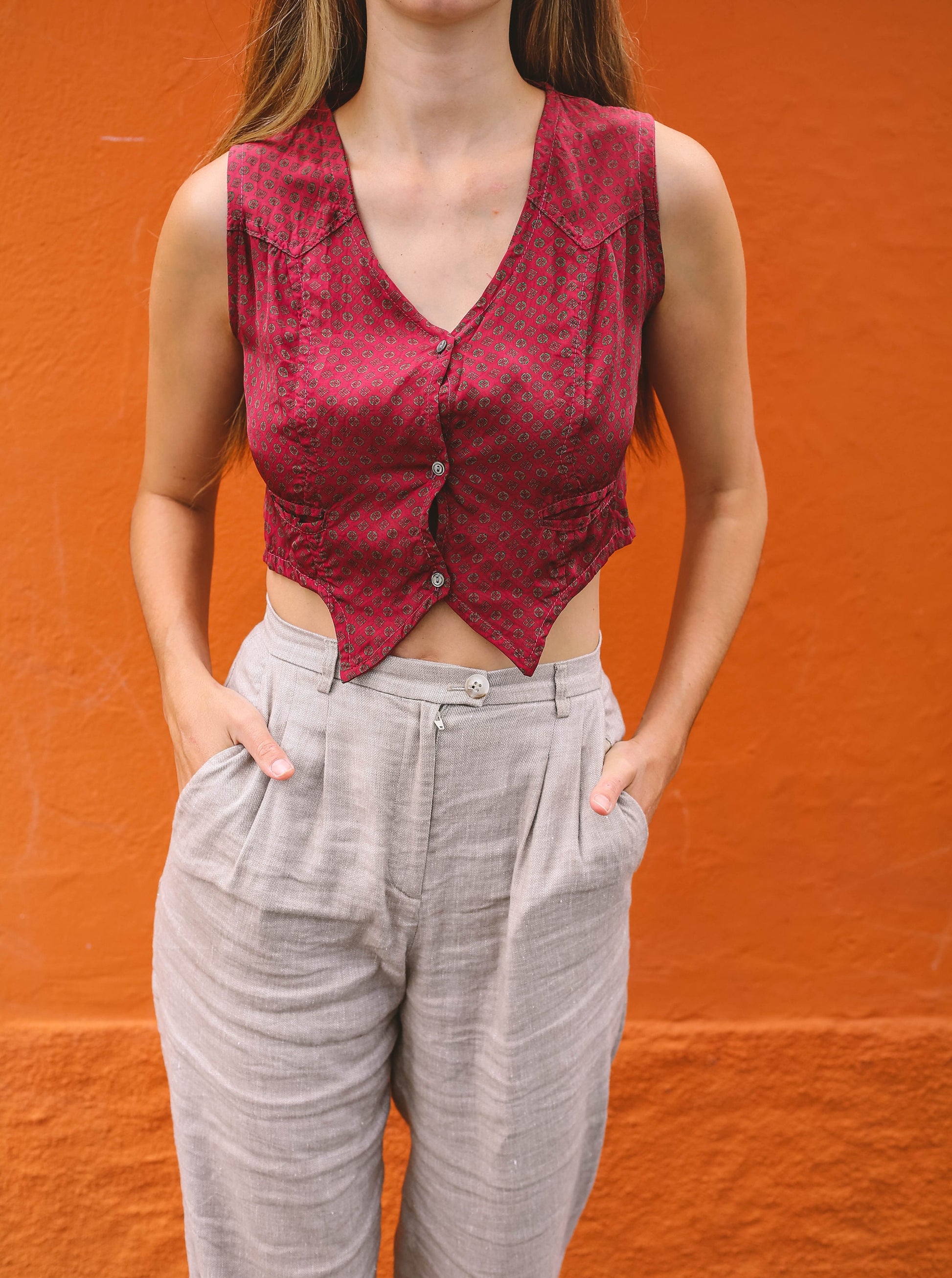 Vintage Italian Lightweight Gilet, Burgundy Geometric Pattern, Dark Academia Style, Made in Italy