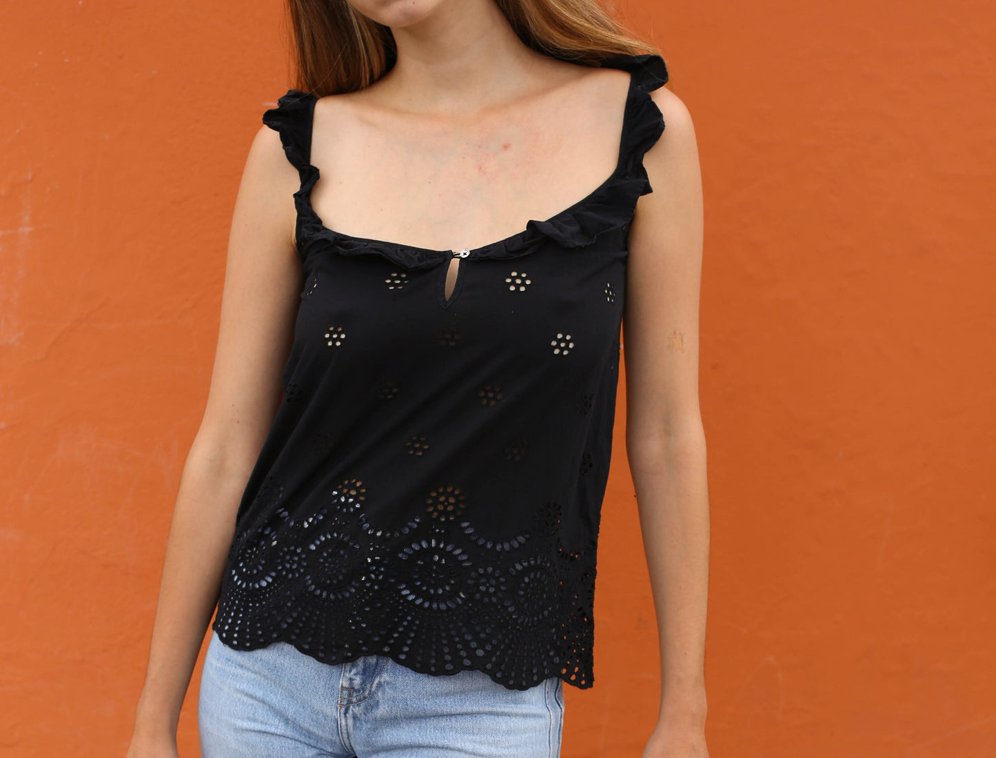 Vintage Black Guess Camisole Top XS, Eyelet Floral Cotton, Feminine Cottagecore Boho Ruffled Straps