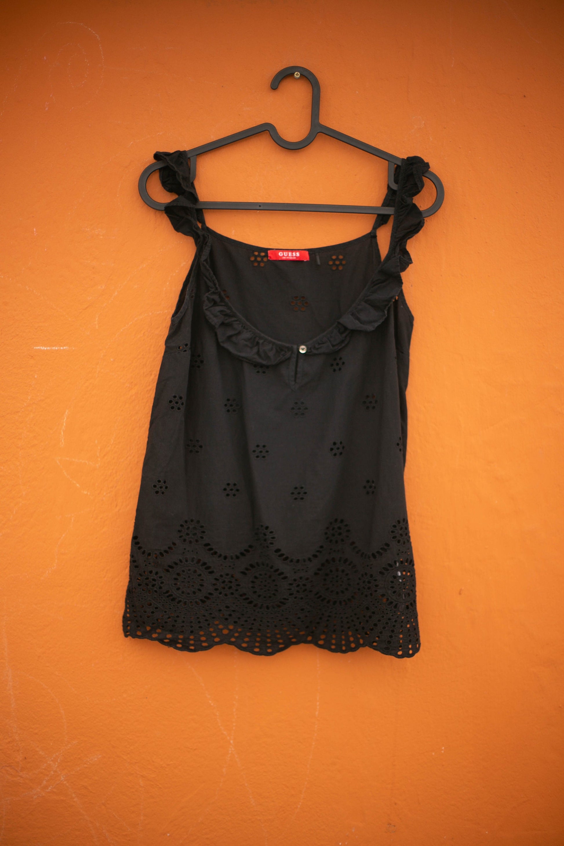 Vintage Black Guess Camisole Top XS, Eyelet Floral Cotton, Feminine Cottagecore Boho Ruffled Straps