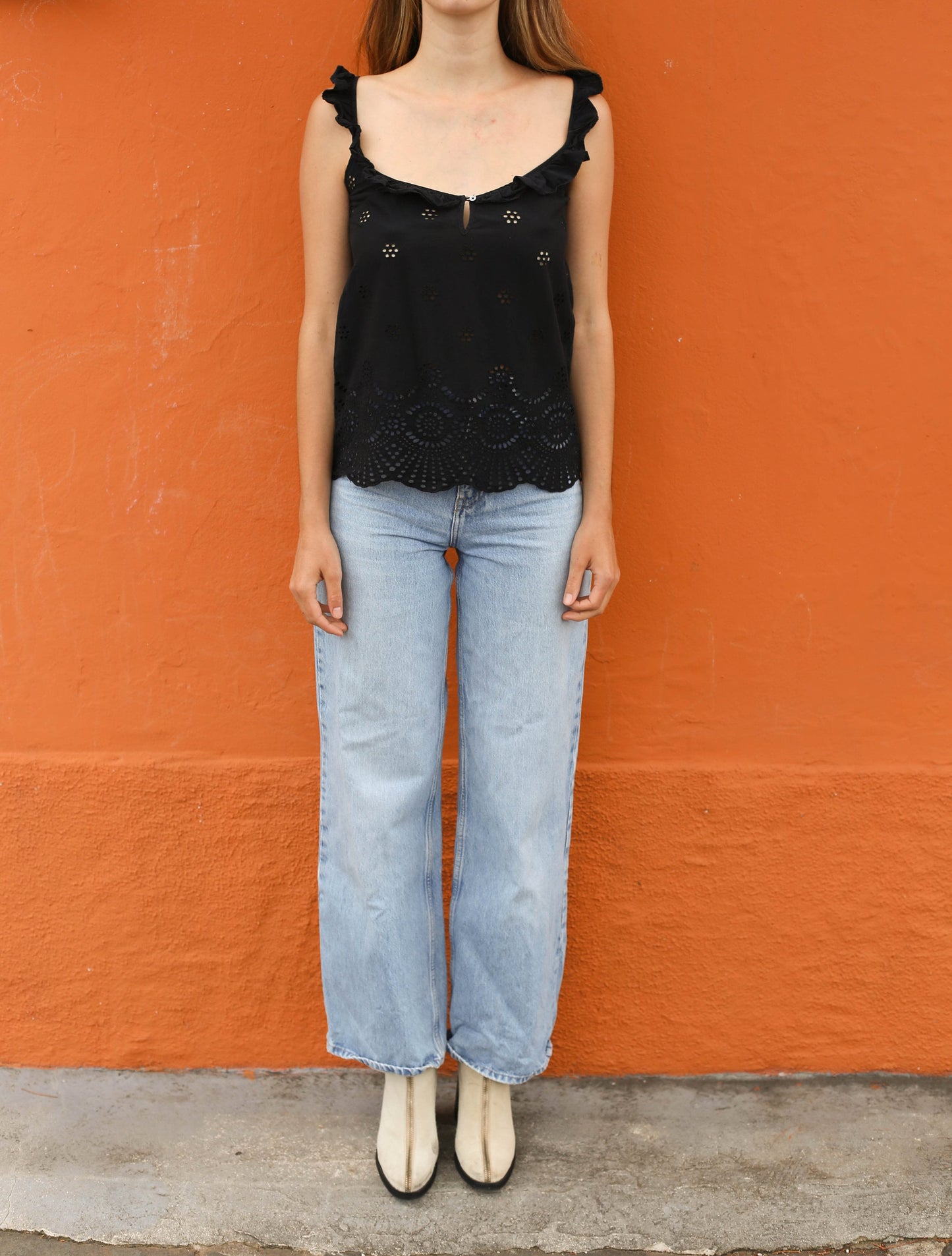 Vintage Black Guess Camisole Top XS, Eyelet Floral Cotton, Feminine Cottagecore Boho Ruffled Straps
