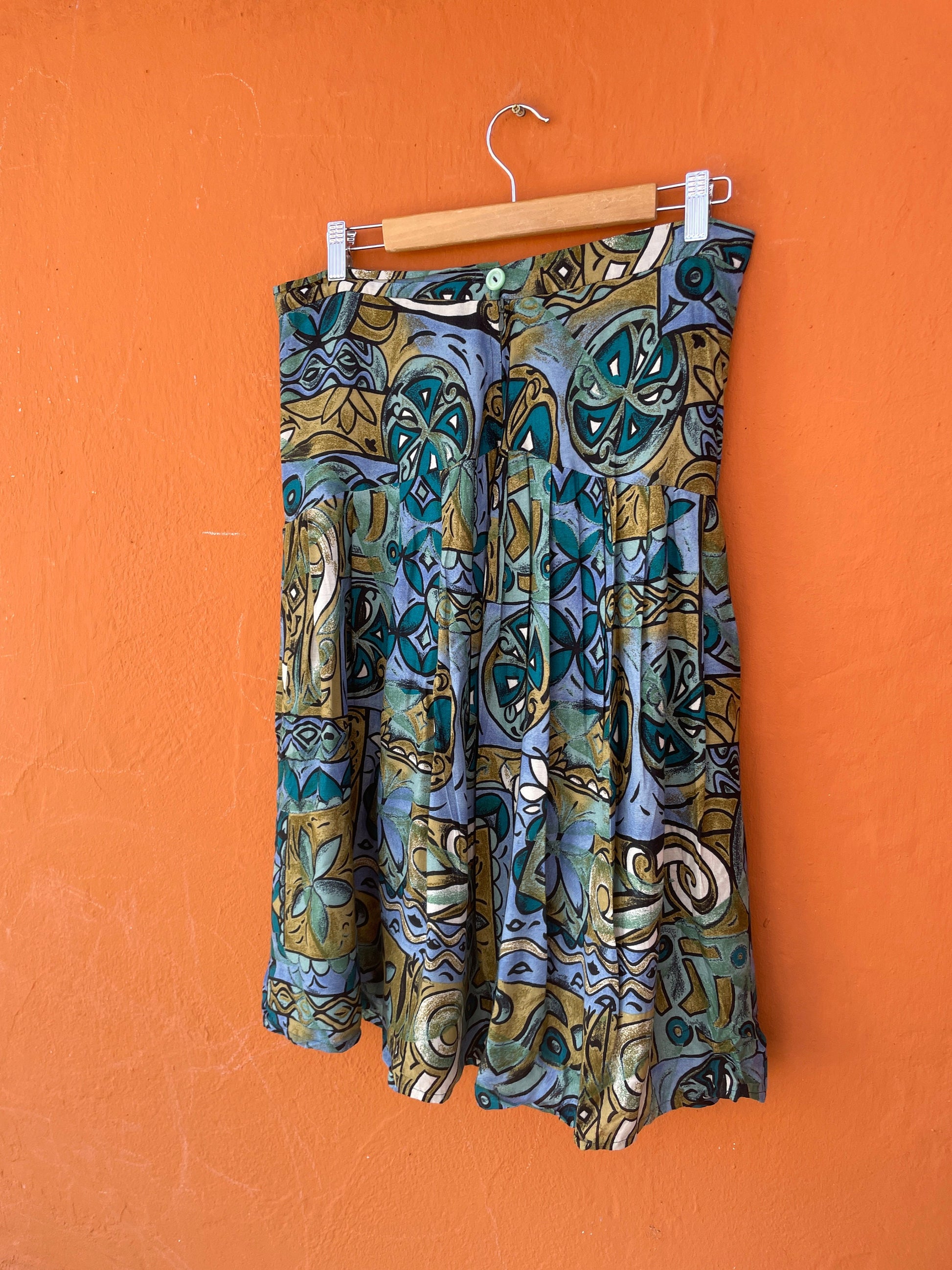 Vintage Abstract Print Skirt in Blue and Green Tones, High-Waist, 80s/90s Style, 1980s retro woman skirt, Playful summer wear