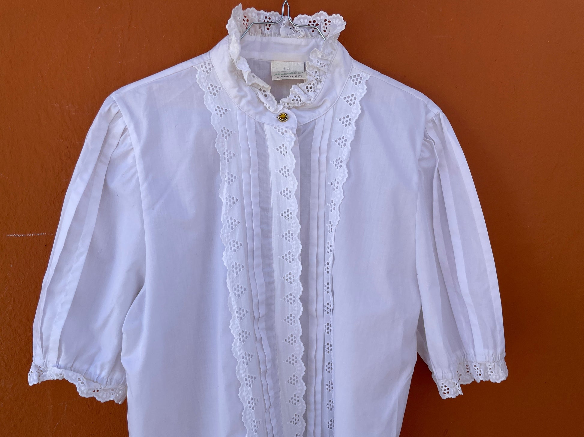 Vintage Meico Blouse with Ruffled Lace Neckline, Cottagecore Aesthetic, Size L, German Folklore shirt, Romantic Picnic puff sleeve top