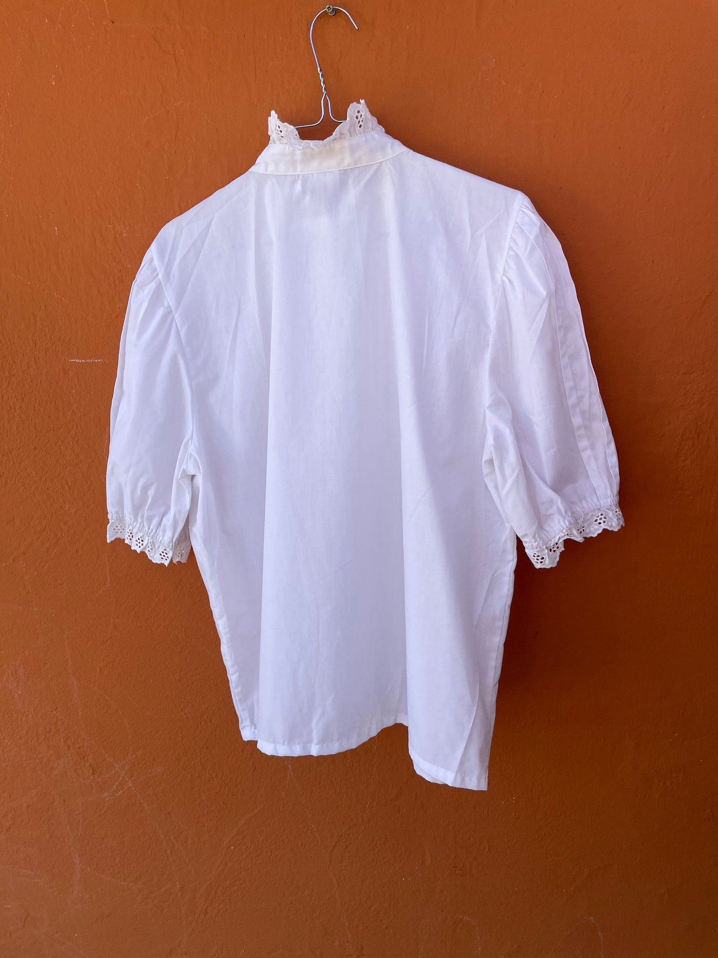 Vintage Meico Blouse with Ruffled Lace Neckline, Cottagecore Aesthetic, Size L, German Folklore shirt, Romantic Picnic puff sleeve top