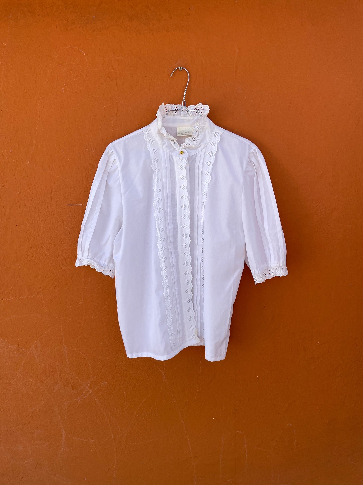 Vintage Meico Blouse with Ruffled Lace Neckline, Cottagecore Aesthetic, Size L, German Folklore shirt, Romantic Picnic puff sleeve top