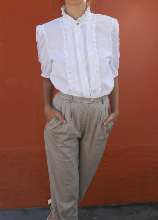 Vintage Meico Blouse with Ruffled Lace Neckline, Cottagecore Aesthetic, Size L, German Folklore shirt, Romantic Picnic puff sleeve top