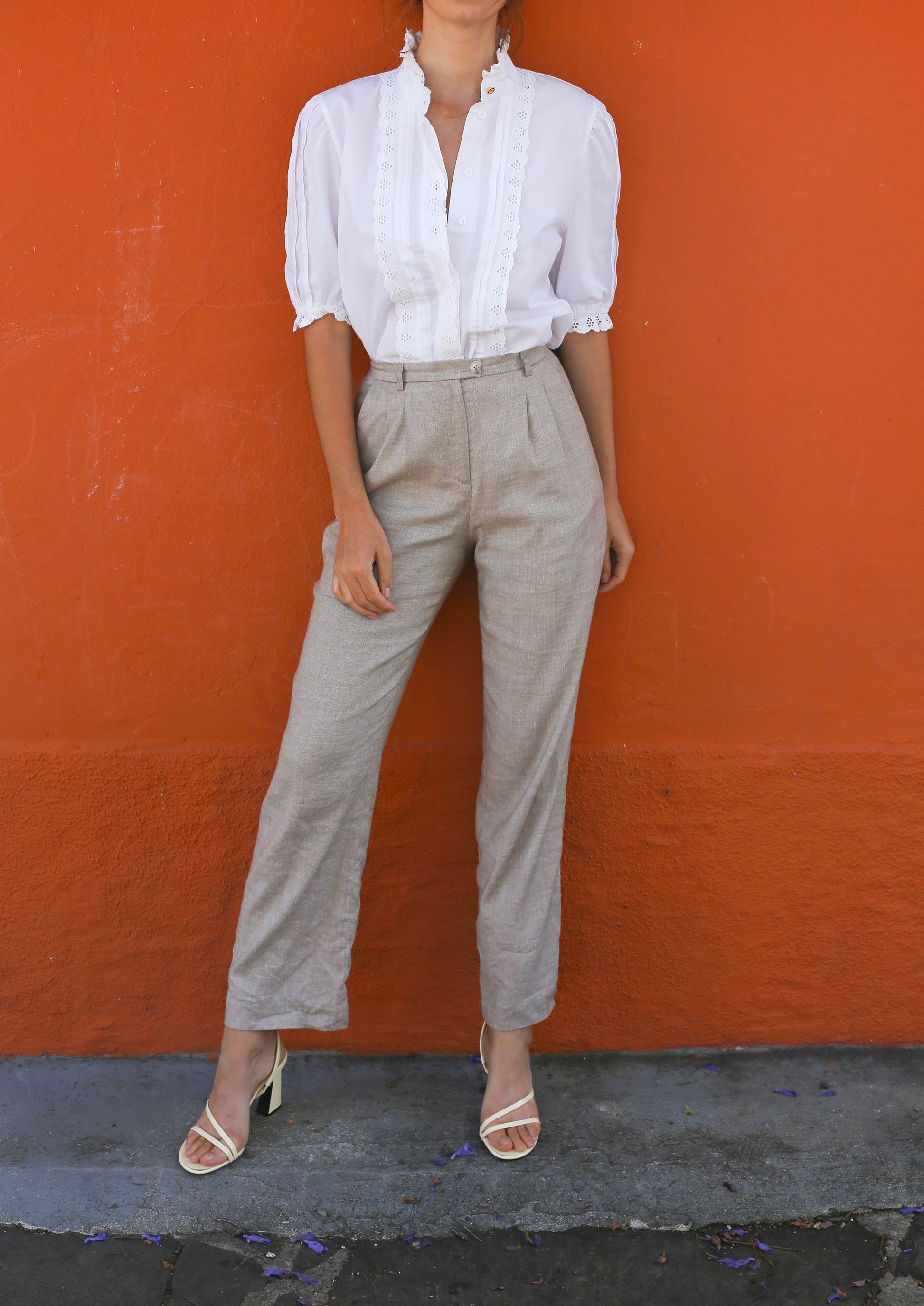 Vintage Meico Blouse with Ruffled Lace Neckline, Cottagecore Aesthetic, Size L, German Folklore shirt, Romantic Picnic puff sleeve top