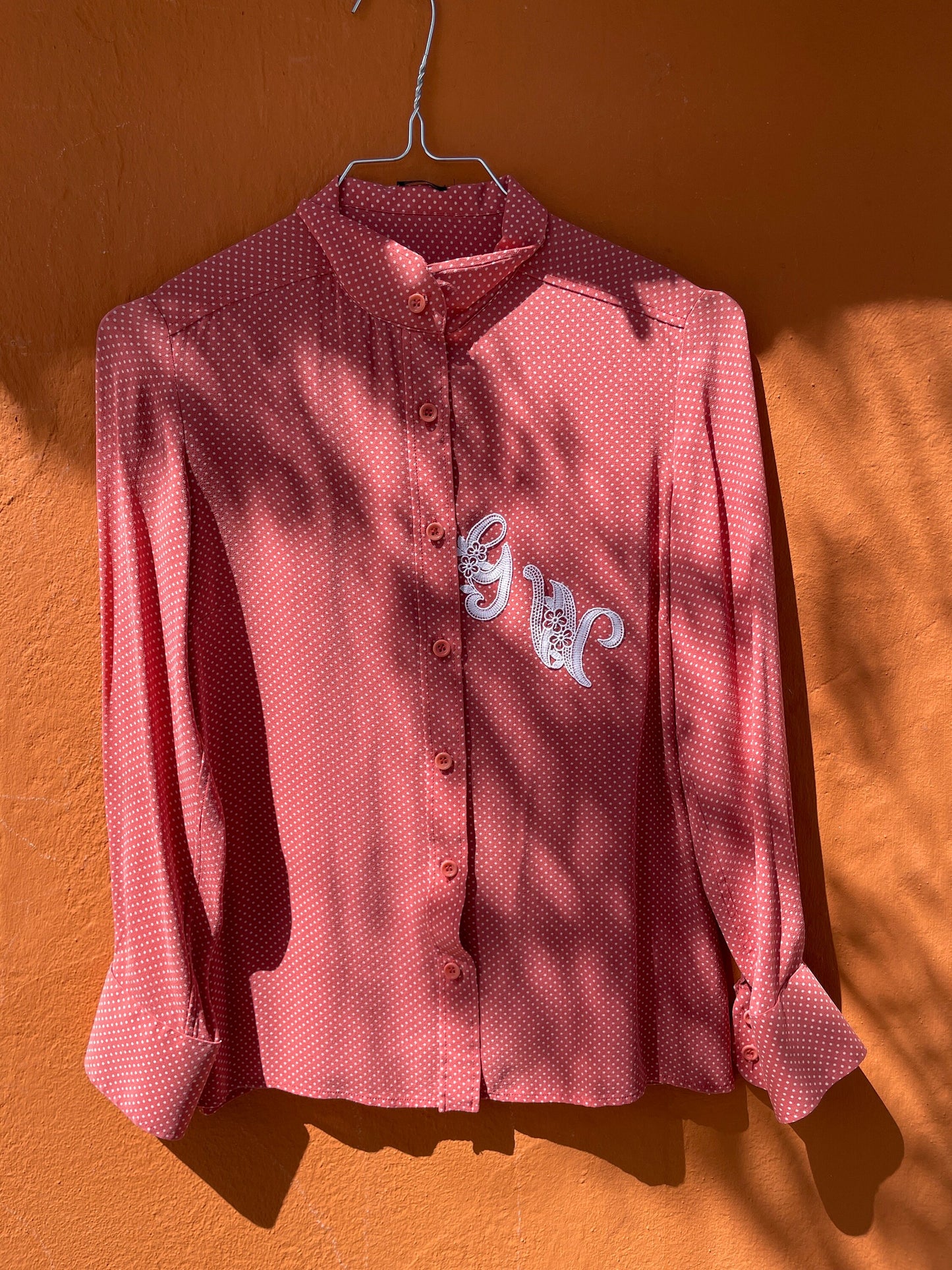 Vintage Pink Polka Dot Blouse with Lace Monogram, Romantic Cottagecore Style, Retro Button-Up Shirt