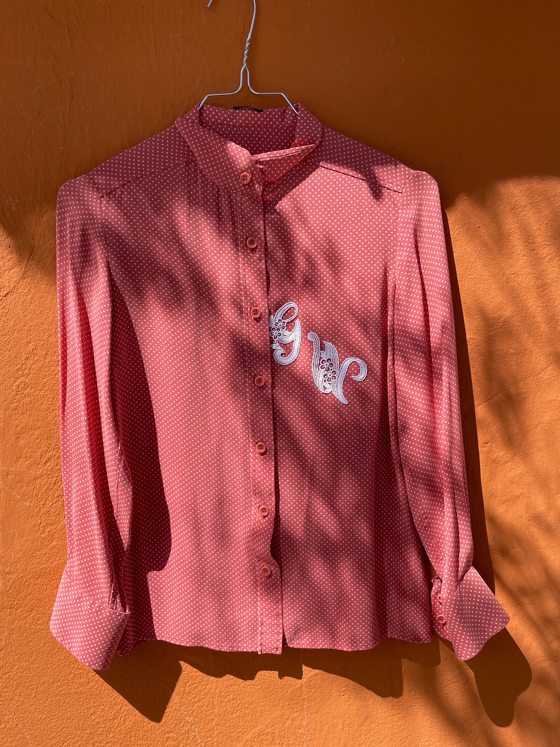 Vintage Pink Polka Dot Blouse with Lace Monogram, Romantic Cottagecore Style, Retro Button-Up Shirt