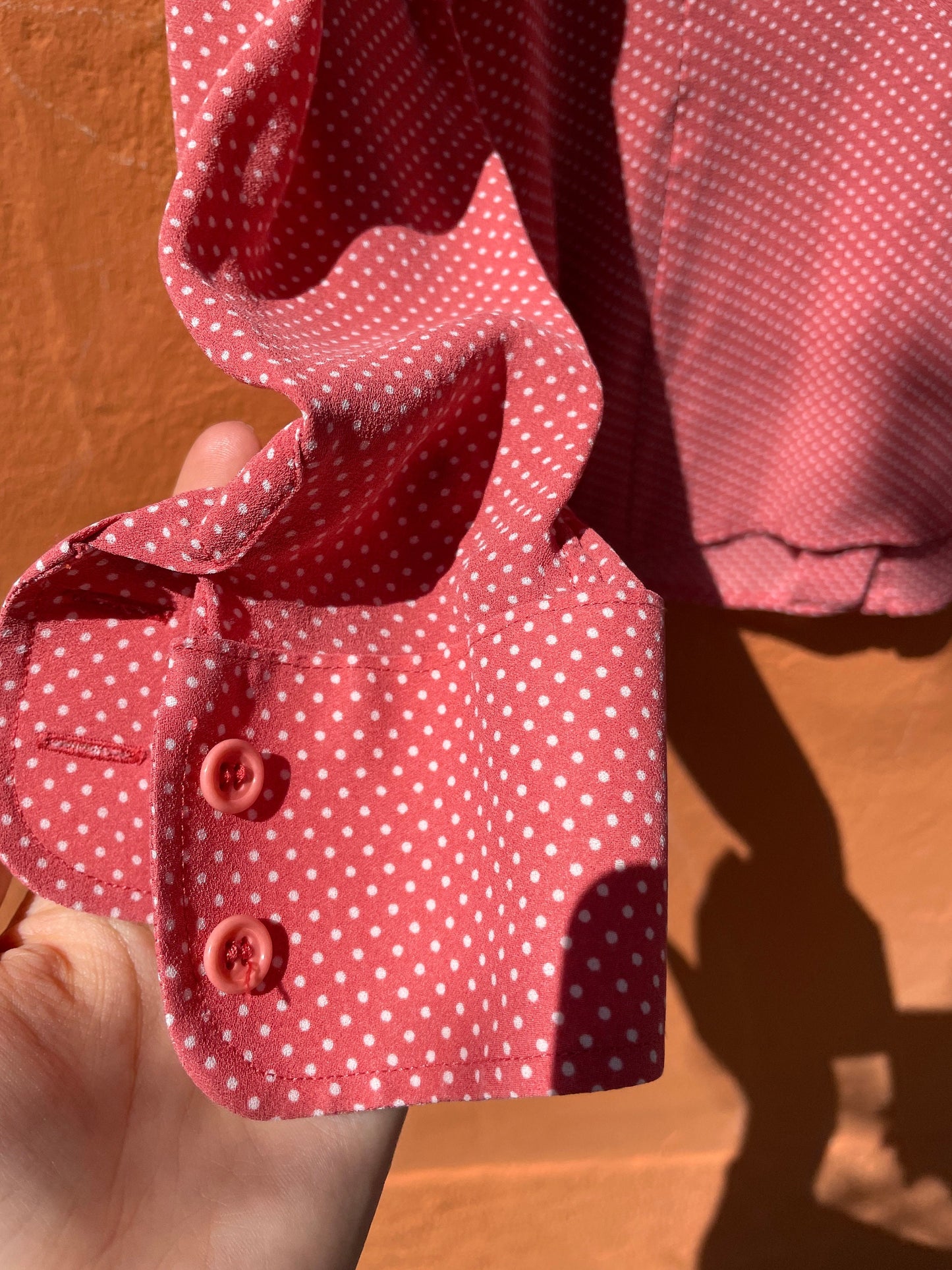 Vintage Pink Polka Dot Blouse with Lace Monogram, Romantic Cottagecore Style, Retro Button-Up Shirt