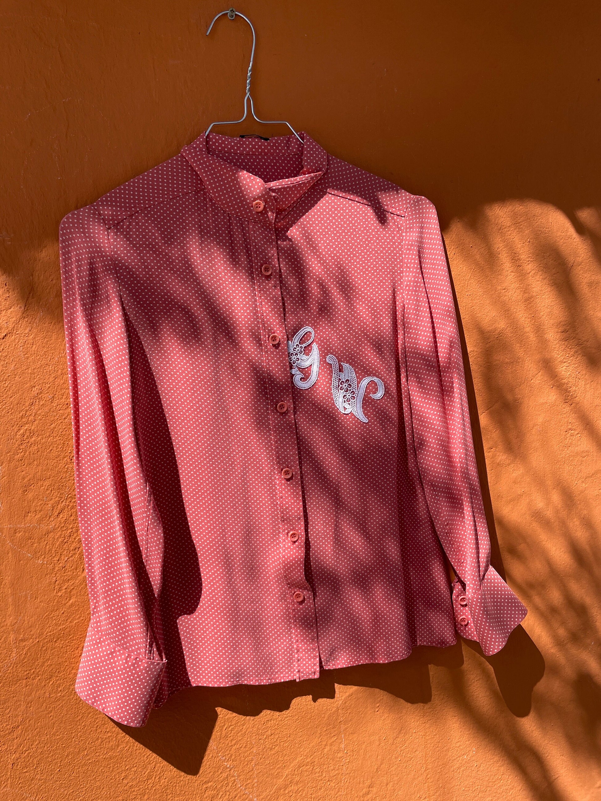 Vintage Pink Polka Dot Blouse with Lace Monogram, Romantic Cottagecore Style, Retro Button-Up Shirt