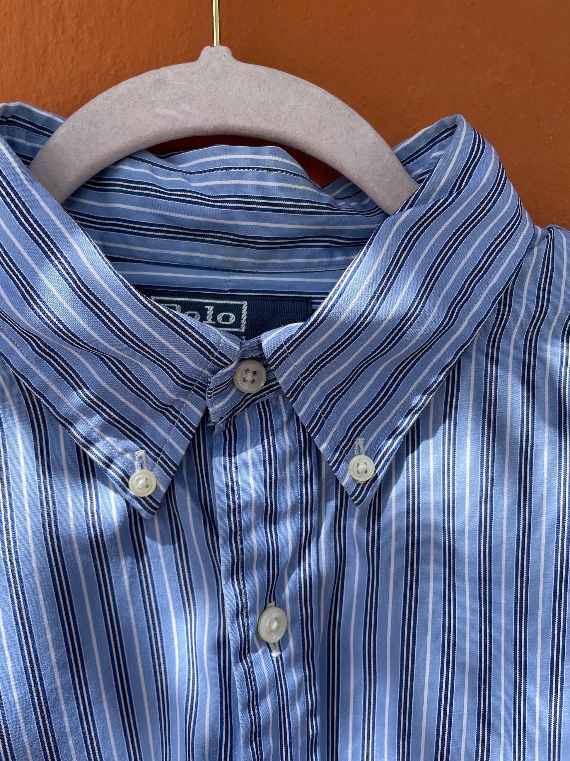 Vintage Polo Ralph Lauren Men's Button-Up Shirt, Striped Light Blue Navy White, Versatile Custom Fit, Oversized preppy smart woman outfit