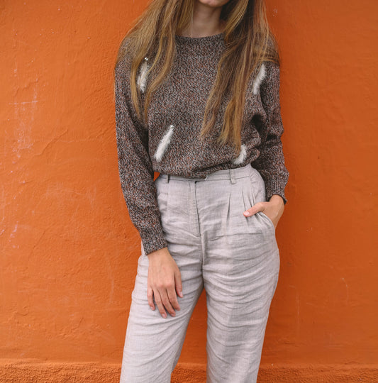 Vintage Italian Jumper with Feather Detailing, Mixed Wool Blend, Retro Aesthetic