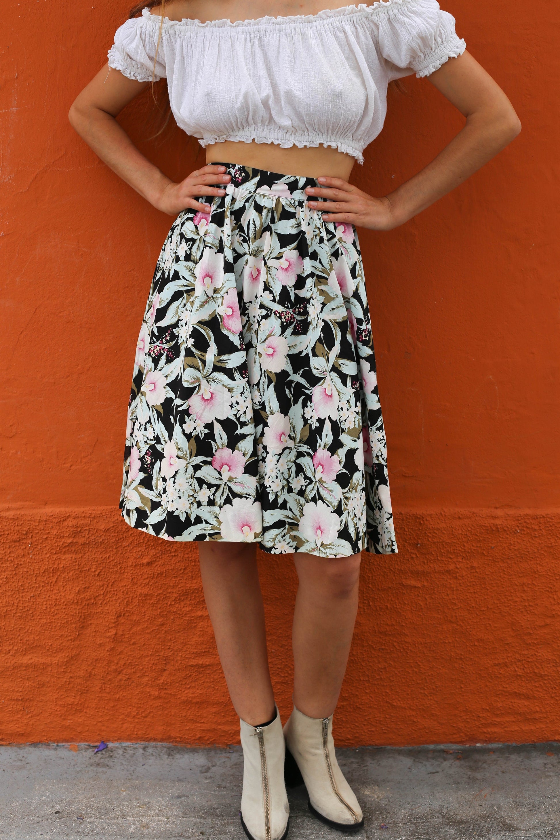 Vintage Floral Women's Skirt, Beautiful Pink Flowers, 100% Cotton