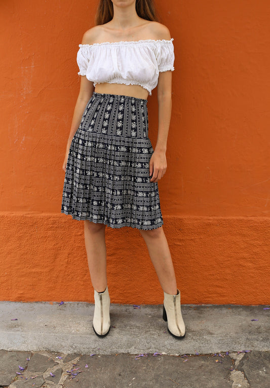 Vintage High Waist Floral Skirt, Dark Blue and White, Lightweight Summer Skirt, Boho hippie 60s outfit