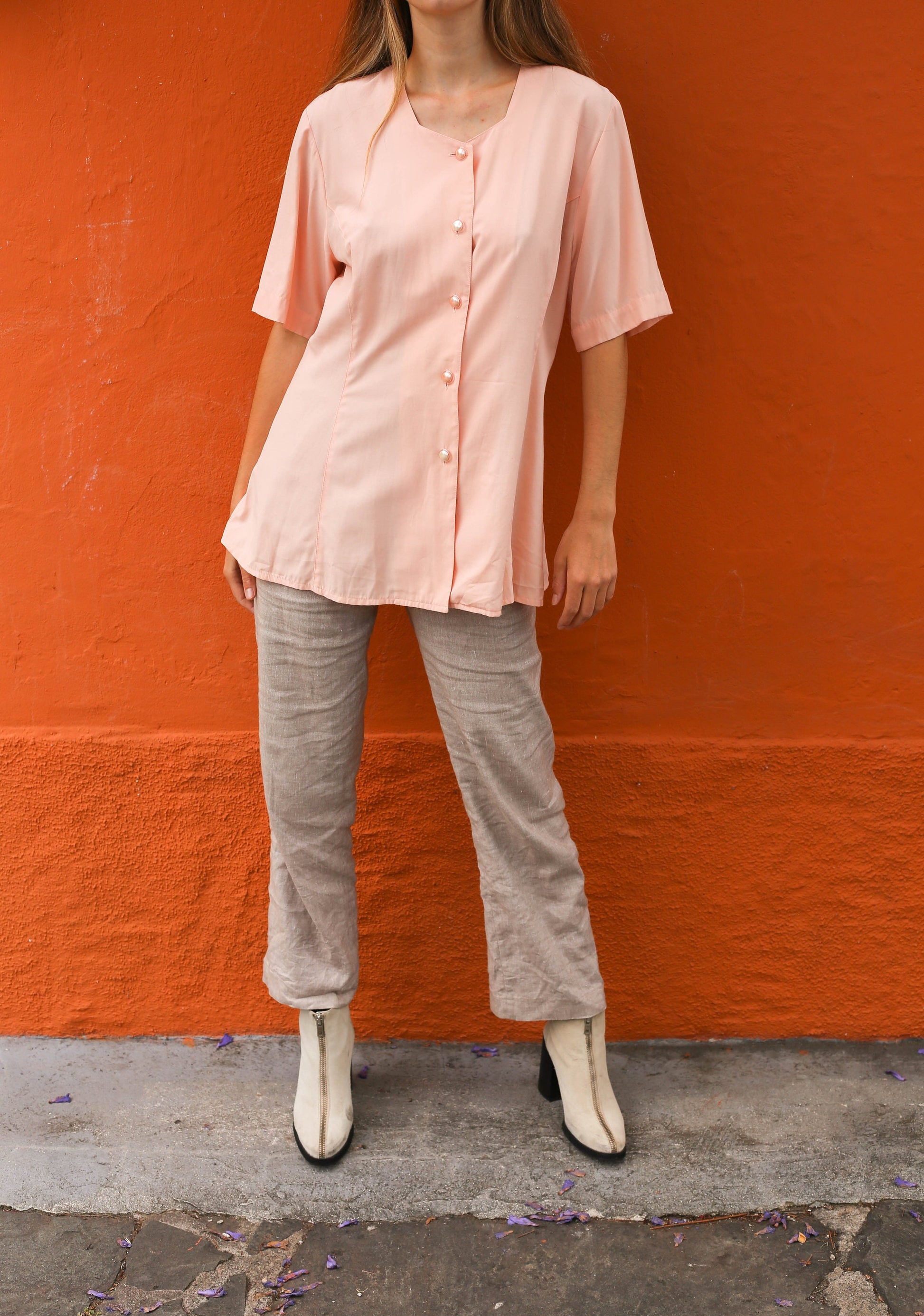 Vintage Women's Button-Up Shirt, Soft Pink Cottagecore Aesthetic blouse, Romantic vintage pastel clothing