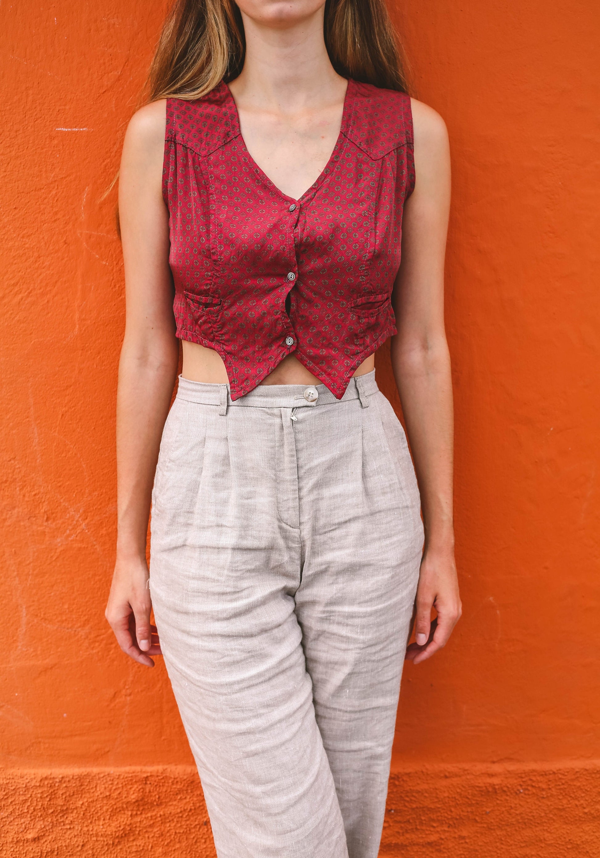 Vintage Italian Lightweight Gilet, Burgundy Geometric Pattern, Dark Academia Style, Made in Italy