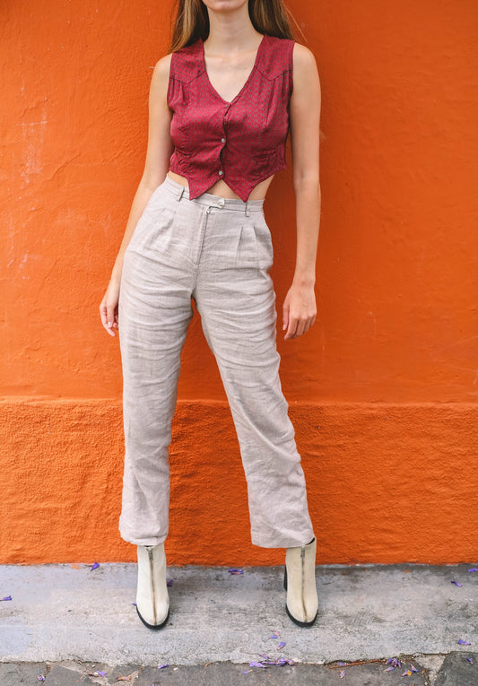 Vintage Italian Lightweight Gilet, Burgundy Geometric Pattern, Dark Academia Style, Made in Italy