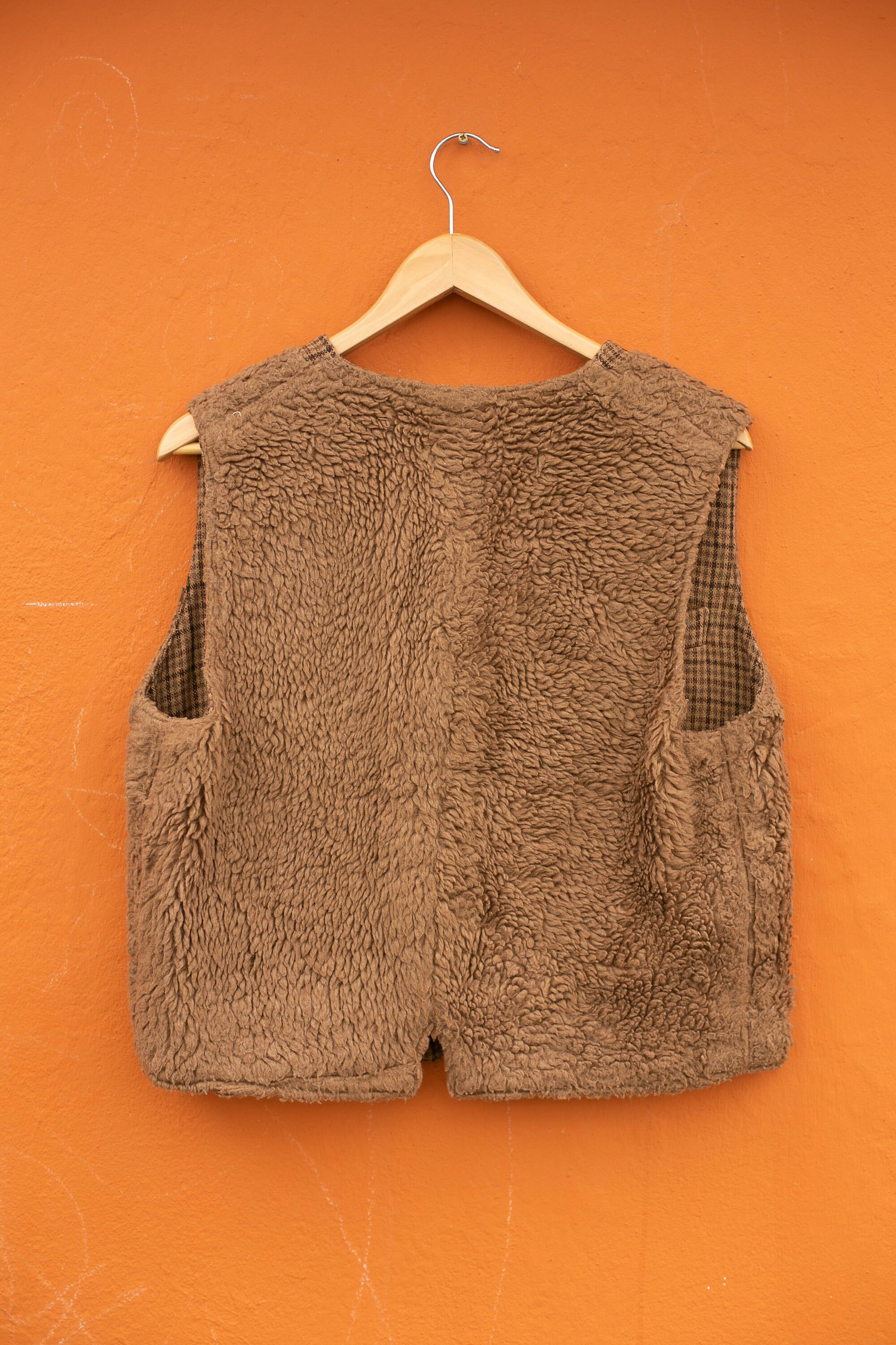 Vintage brown wool waistcoat, Lammy gilet, Brown cozy winter wear, Sleeveless checkered vest, Double sided european jacket, L
