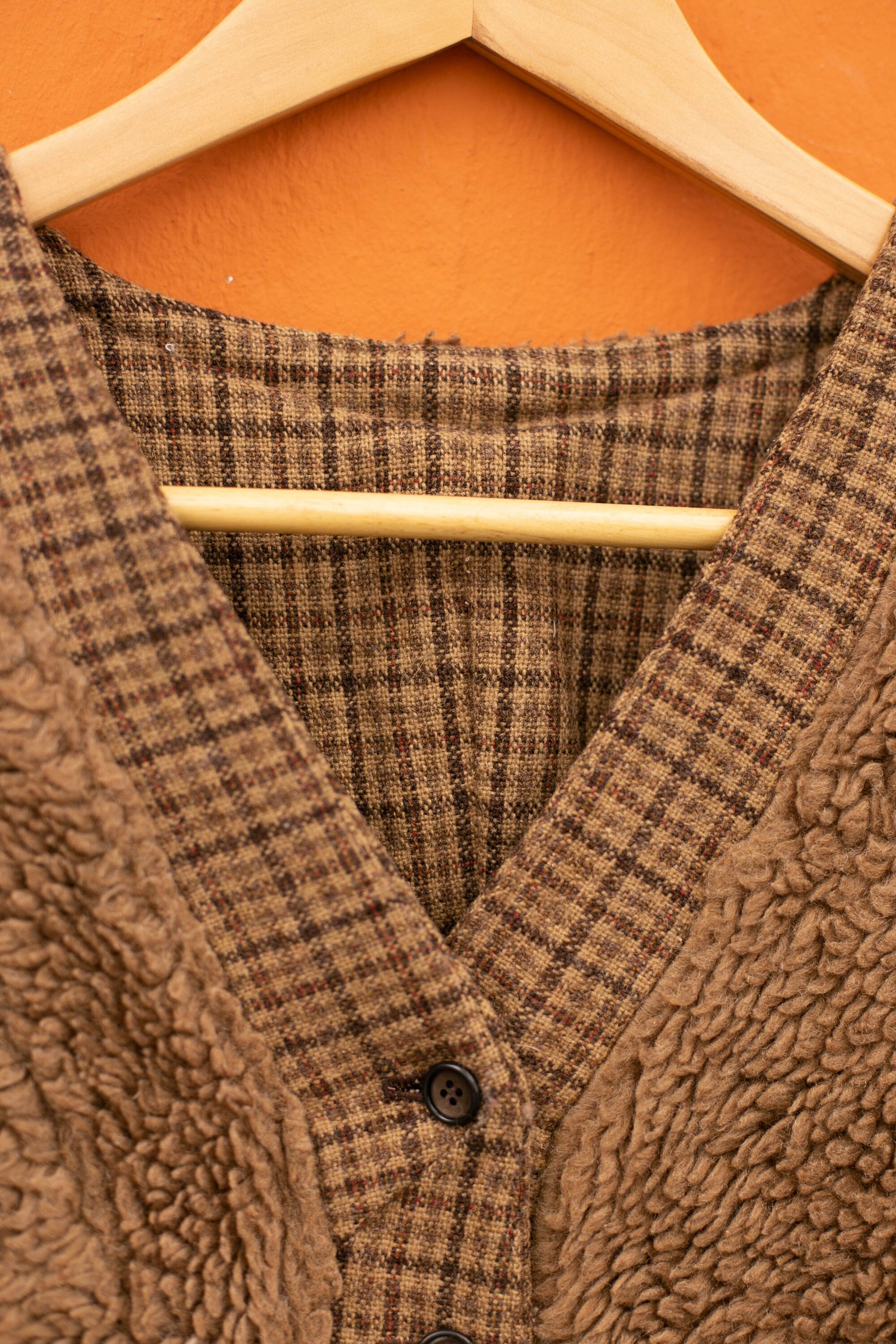 Vintage brown wool waistcoat, Lammy gilet, Brown cozy winter wear, Sleeveless checkered vest, Double sided european jacket, L