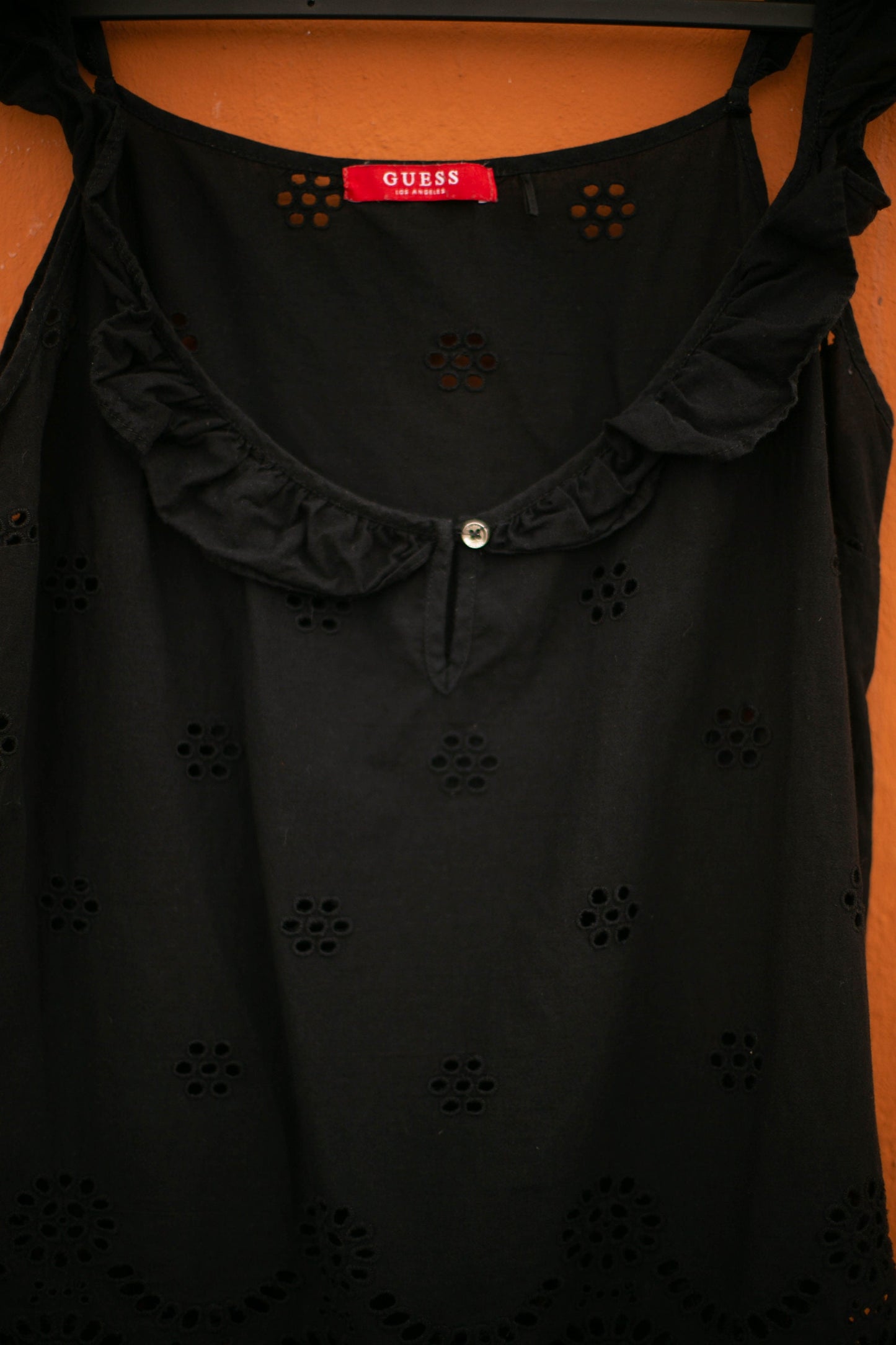 Vintage Black Guess Camisole Top XS, Eyelet Floral Cotton, Feminine Cottagecore Boho Ruffled Straps