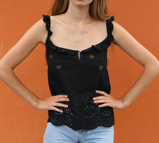 Vintage Black Guess Camisole Top XS, Eyelet Floral Cotton, Feminine Cottagecore Boho Ruffled Straps