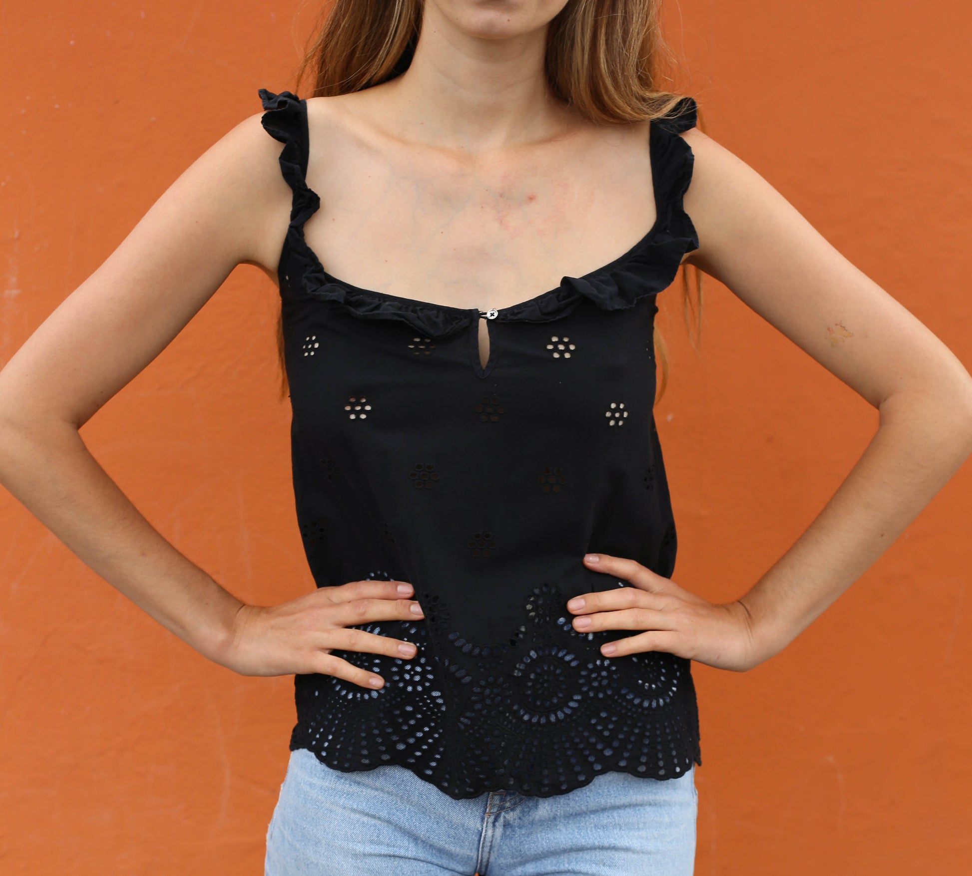 Vintage Black Guess Camisole Top XS, Eyelet Floral Cotton, Feminine Cottagecore Boho Ruffled Straps