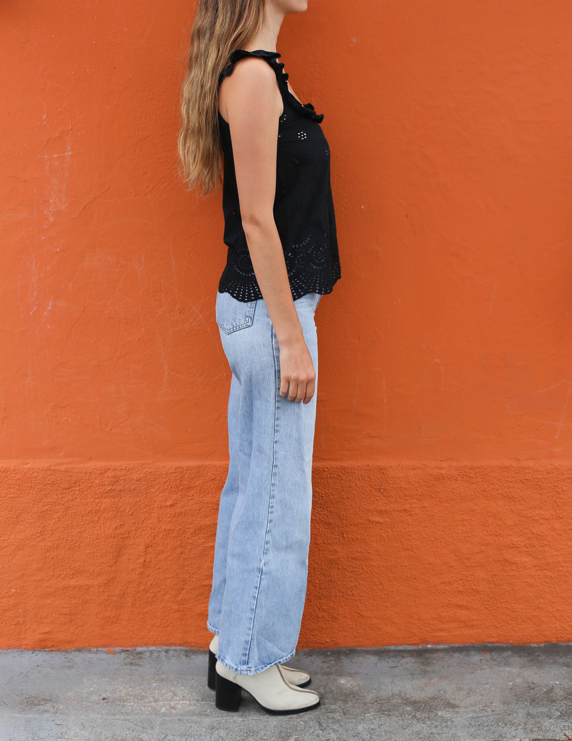 Vintage Black Guess Camisole Top XS, Eyelet Floral Cotton, Feminine Cottagecore Boho Ruffled Straps