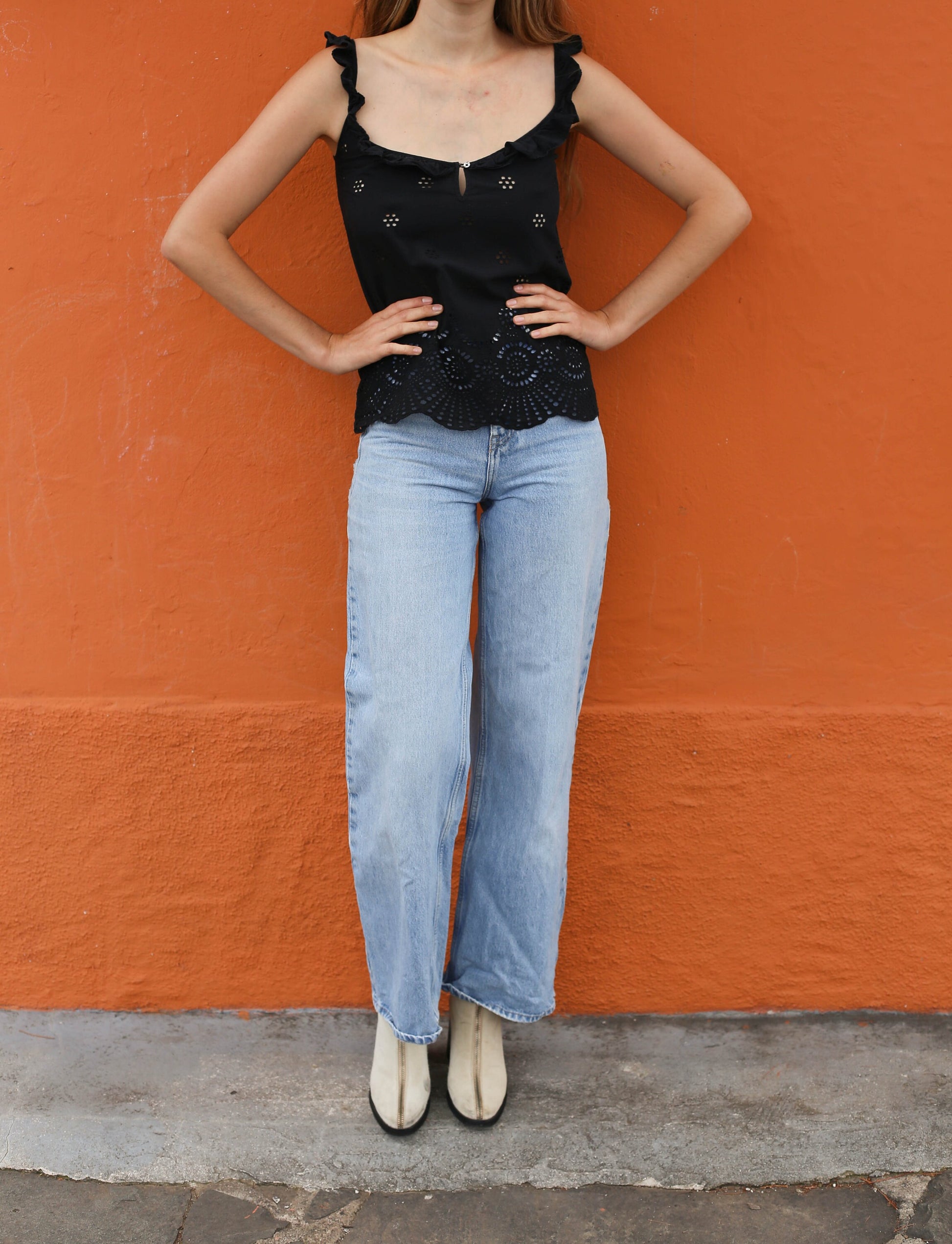 Vintage Black Guess Camisole Top XS, Eyelet Floral Cotton, Feminine Cottagecore Boho Ruffled Straps