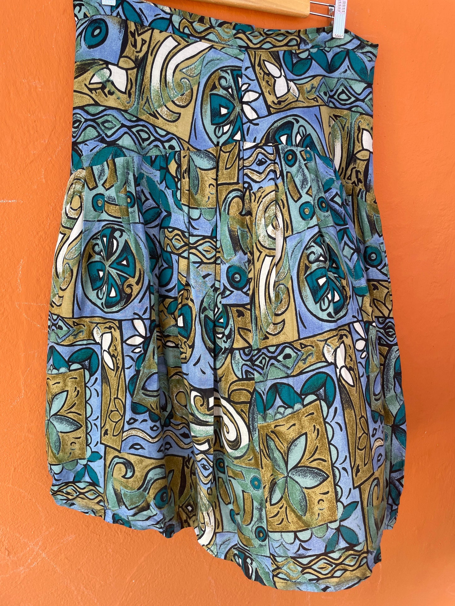 Vintage Abstract Print Skirt in Blue and Green Tones, High-Waist, 80s/90s Style, 1980s retro woman skirt, Playful summer wear