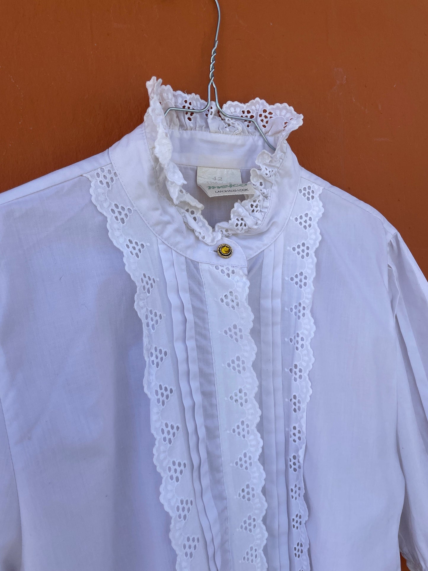 Vintage Meico Blouse with Ruffled Lace Neckline, Cottagecore Aesthetic, Size L, German Folklore shirt, Romantic Picnic puff sleeve top