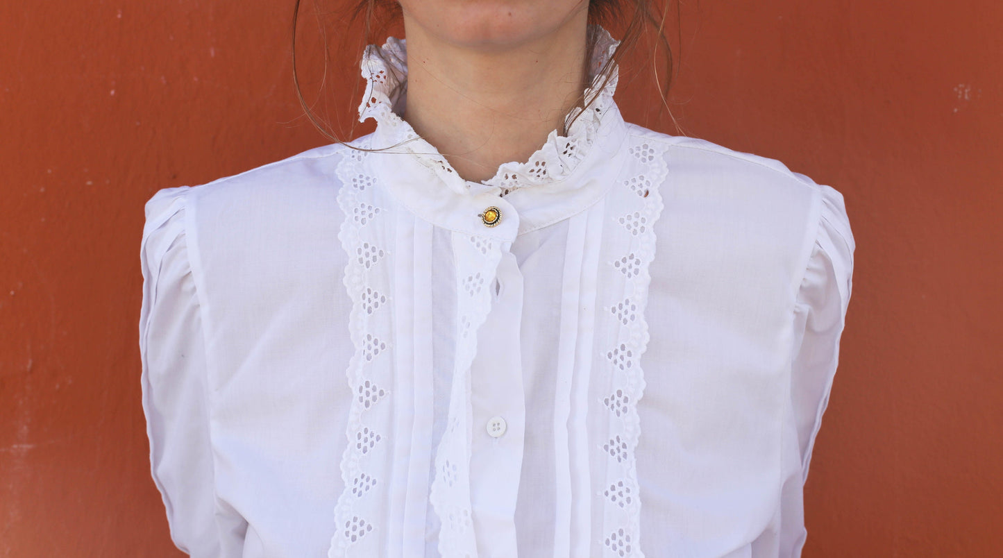 Vintage Meico Blouse with Ruffled Lace Neckline, Cottagecore Aesthetic, Size L, German Folklore shirt, Romantic Picnic puff sleeve top