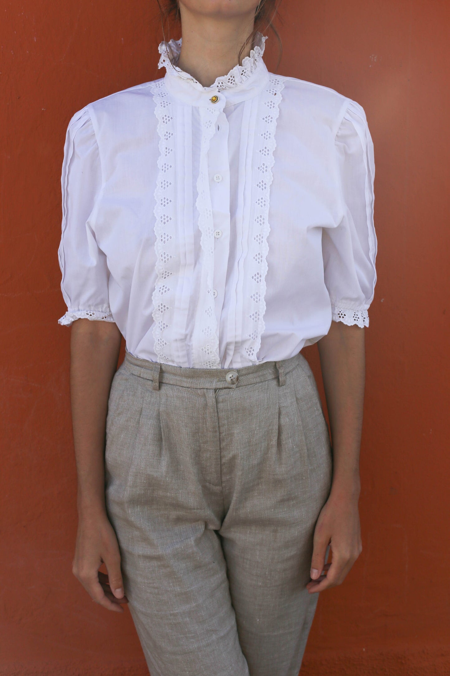 Vintage Meico Blouse with Ruffled Lace Neckline, Cottagecore Aesthetic, Size L, German Folklore shirt, Romantic Picnic puff sleeve top