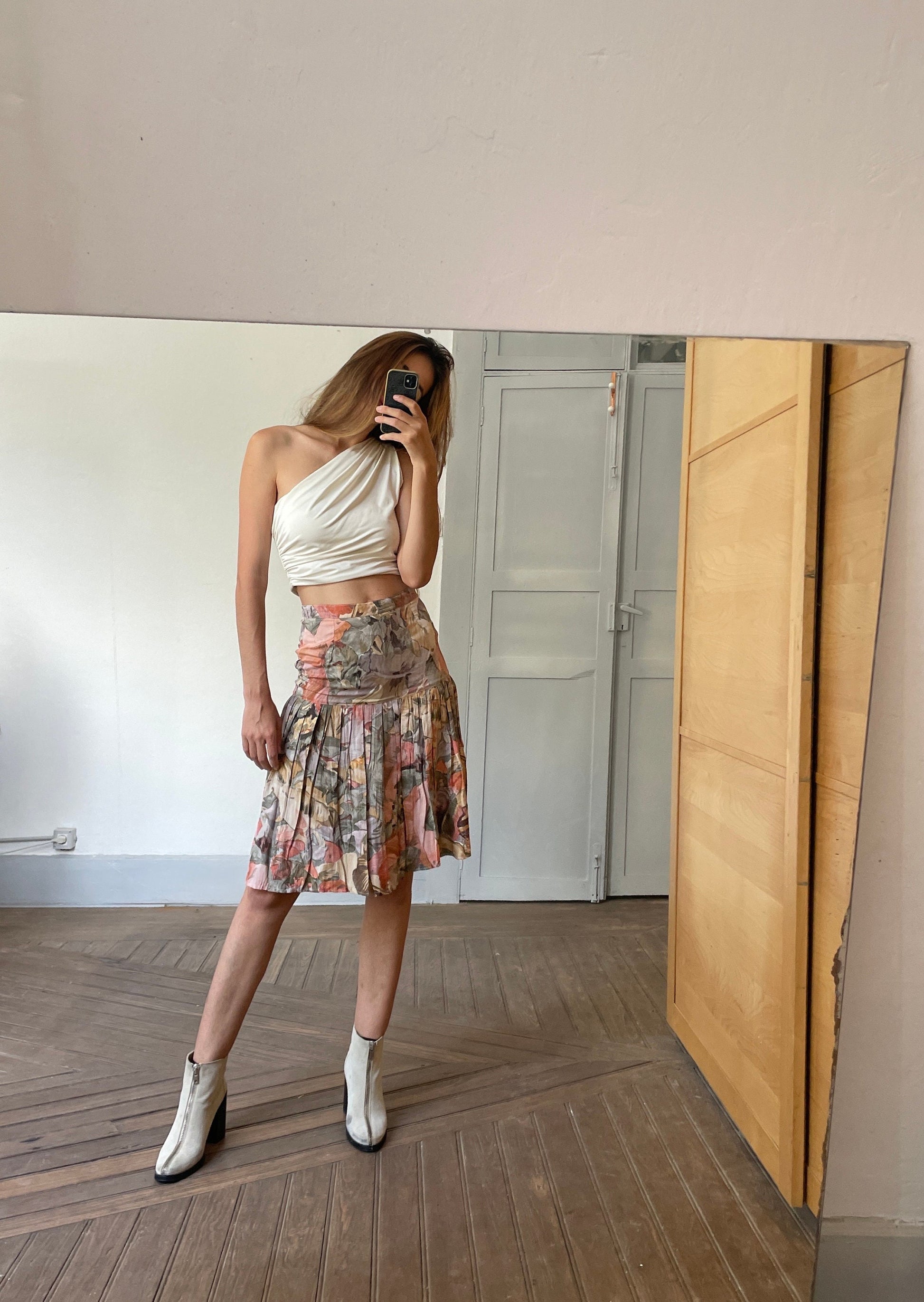 Vintage handmade floral summer skirt, Cute lightweight pleated skirt, Handmade antique woman clothing