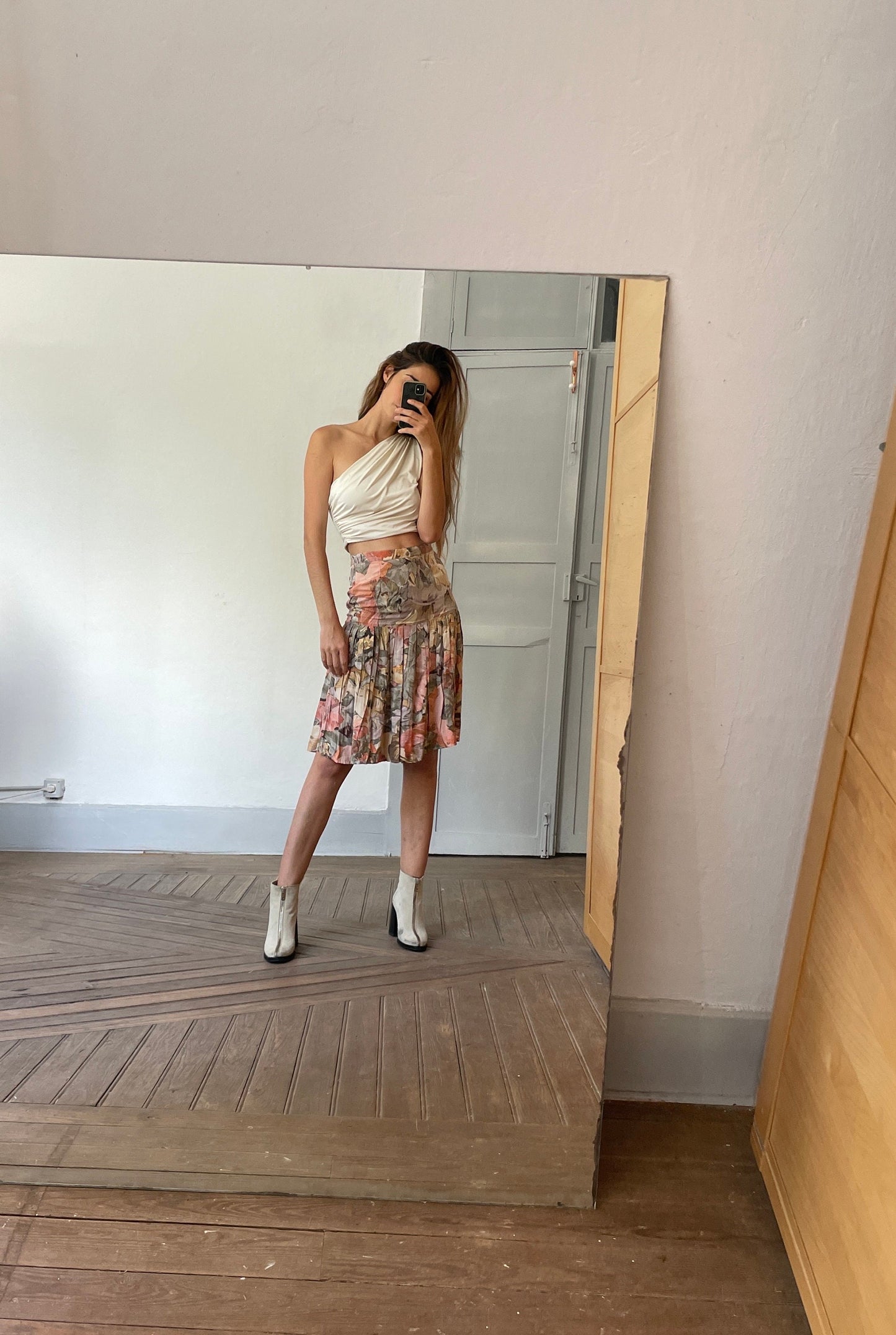 Vintage handmade floral summer skirt, Cute lightweight pleated skirt, Handmade antique woman clothing