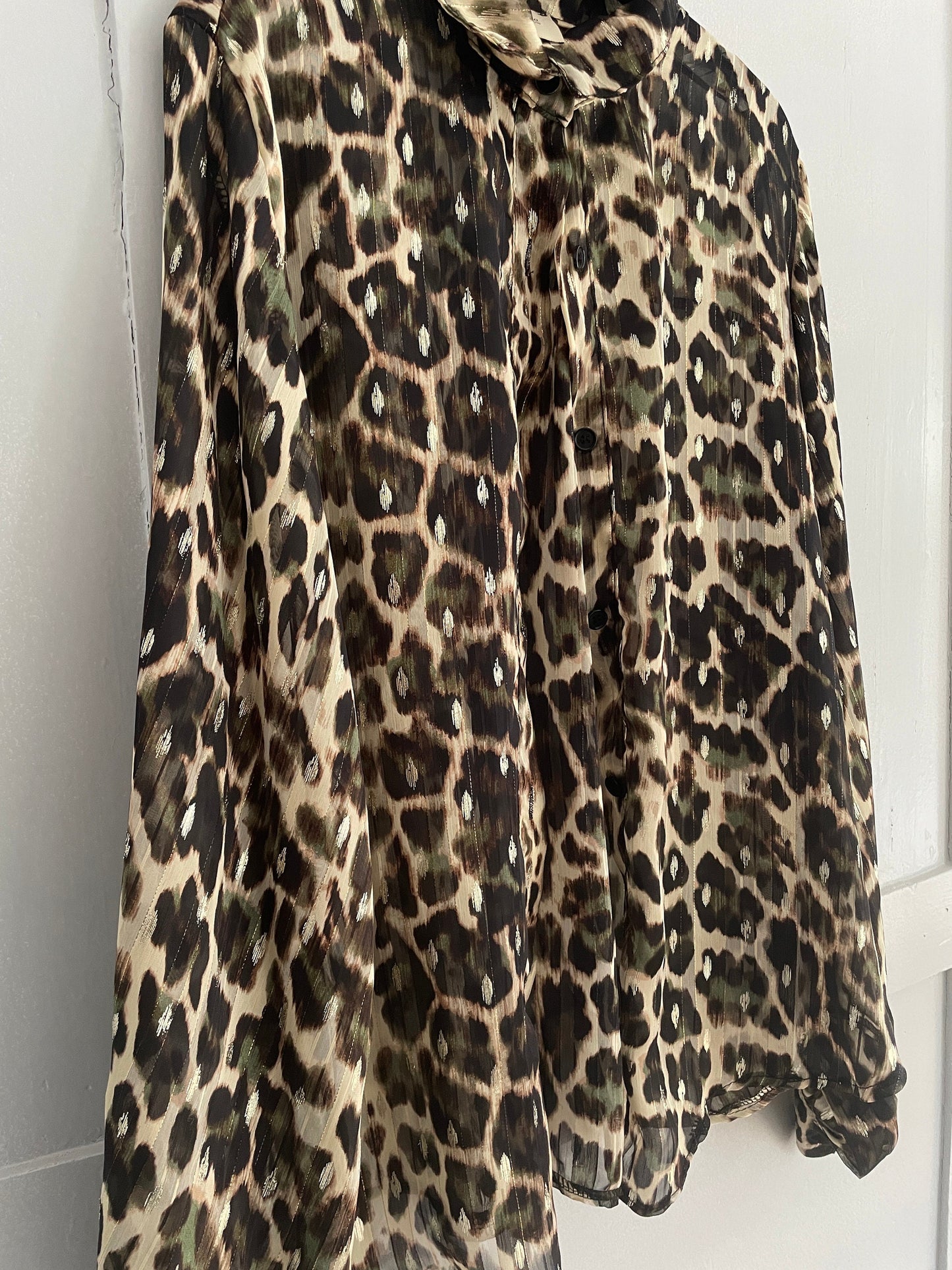 Sheer leopard print blouse with poet sleeves, See through sexy and playful woman button up shirt