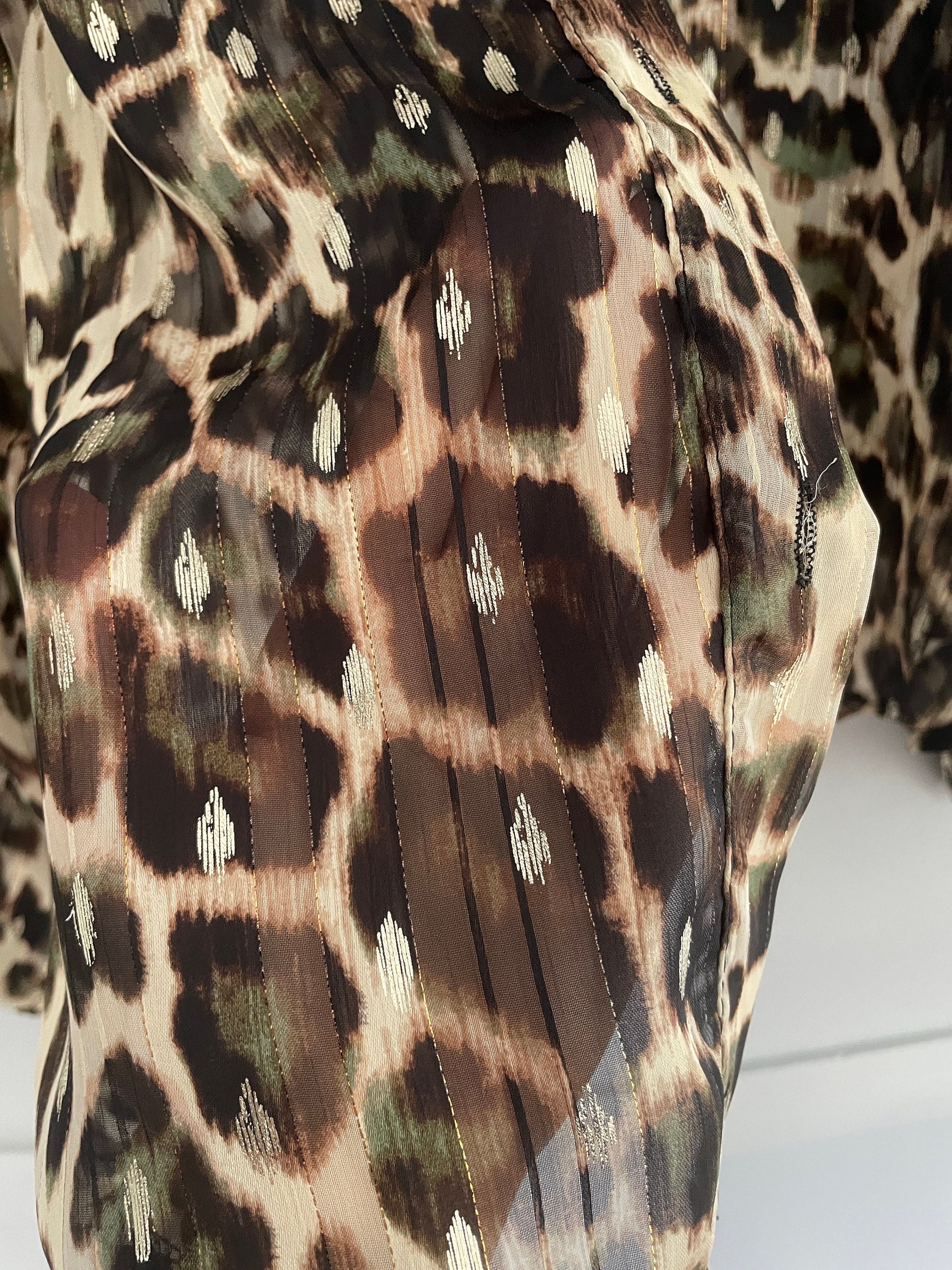 Sheer leopard print blouse with poet sleeves, See through sexy and playful woman button up shirt