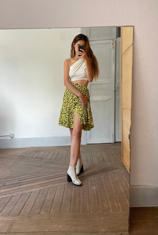 Vintage silk blend pleated skirt by Enrica martine, Retro 60s high waist skirt, Elegant posh designer clothing, Yellow and black summer