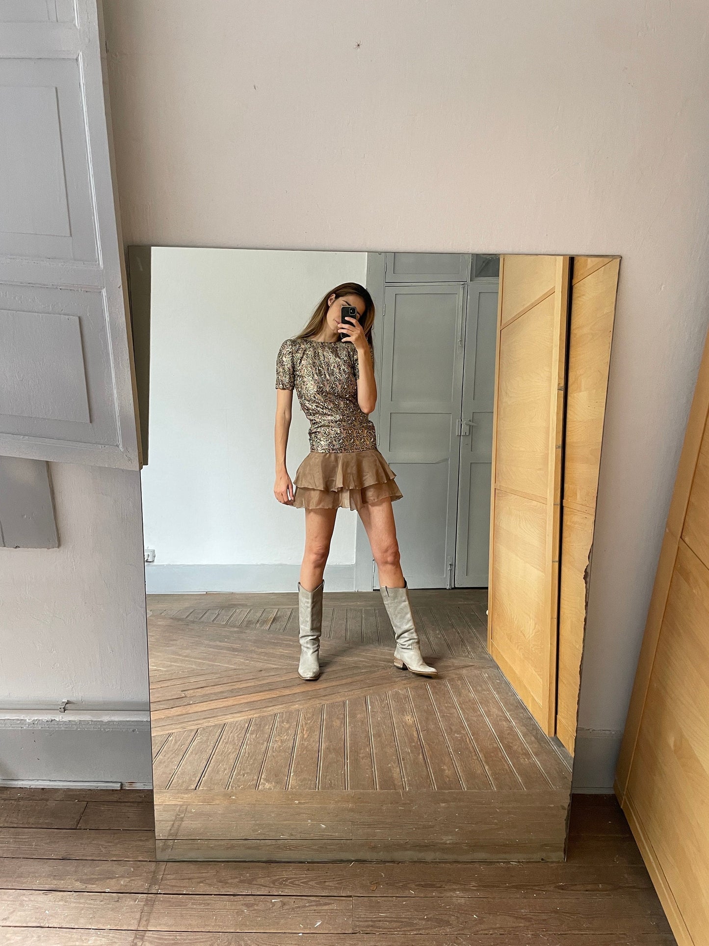 Handmade unique embellished dress with organza mini skirt