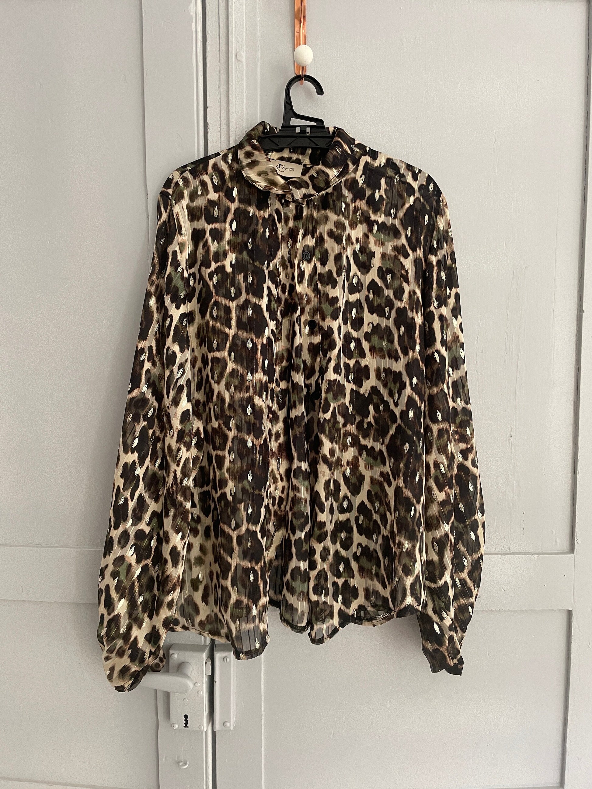 Sheer leopard print blouse with poet sleeves, See through sexy and playful woman button up shirt